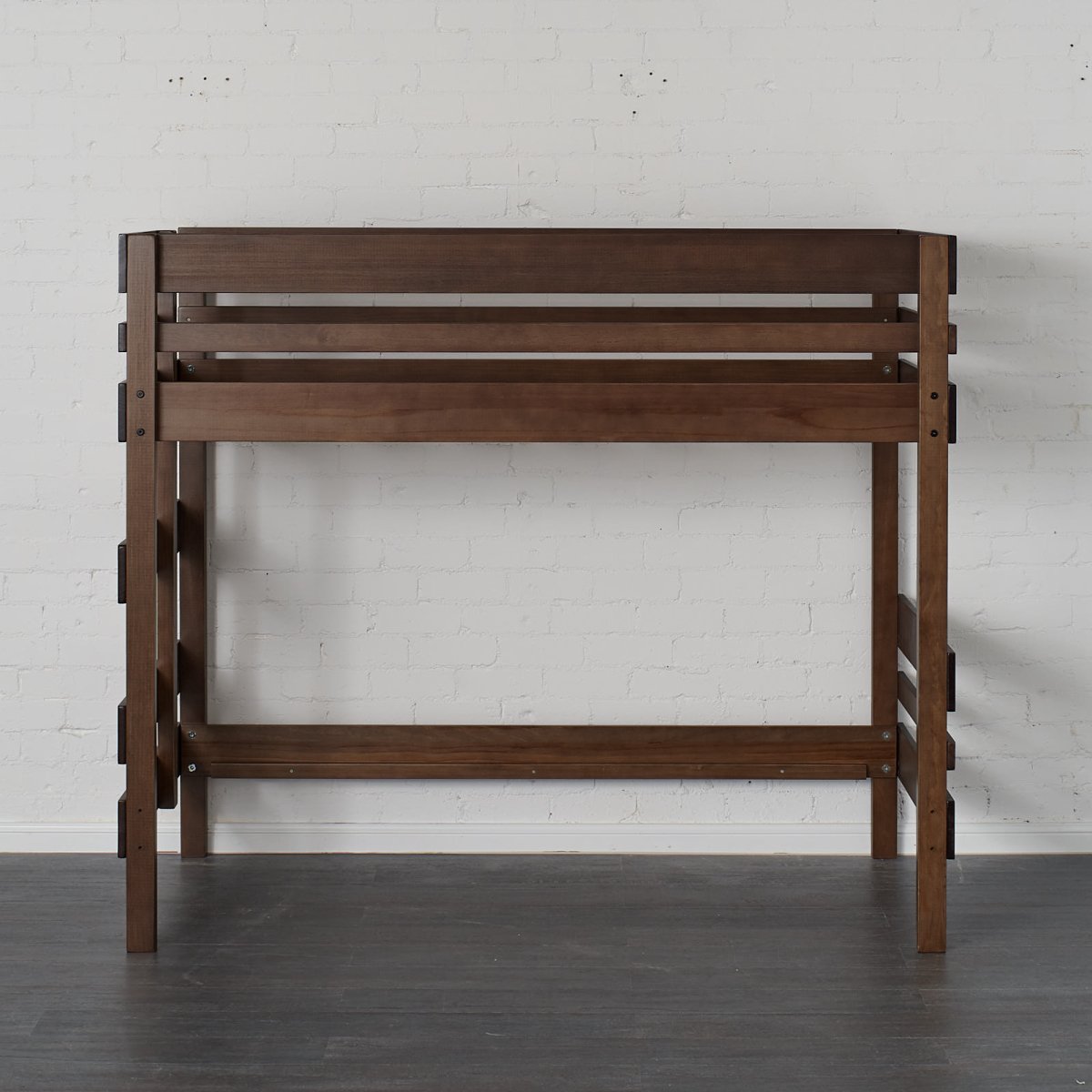 Front on view mid height loft bed pictured in Elm stain. High Bed.