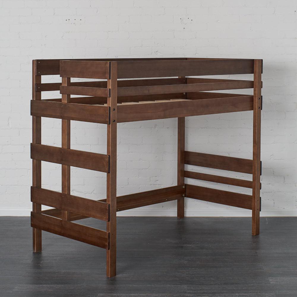 Mid height high bed in native elm wood with guardrails and ladder.