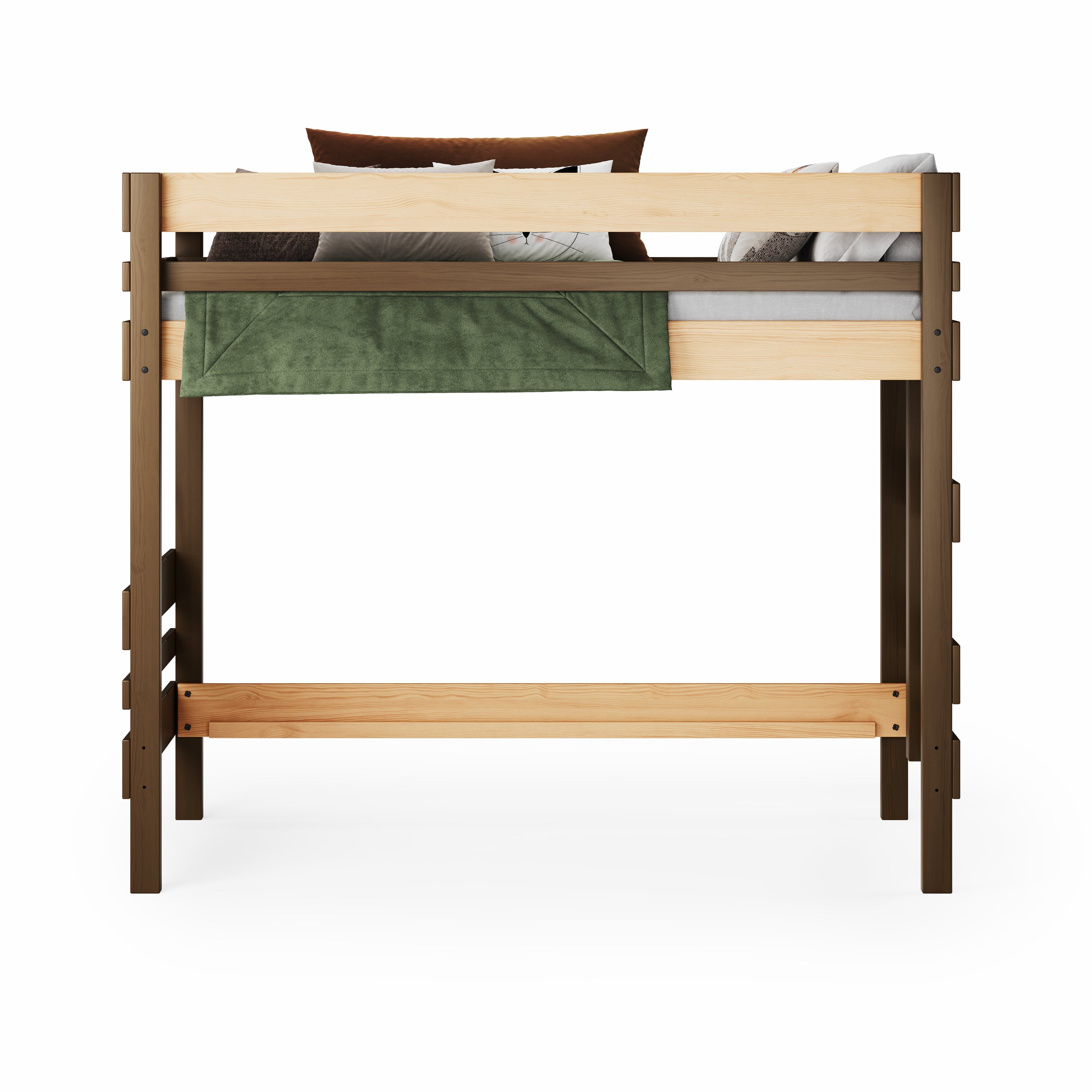 Mid height high bed in native elm wood with safety rails and under-bed clearance.