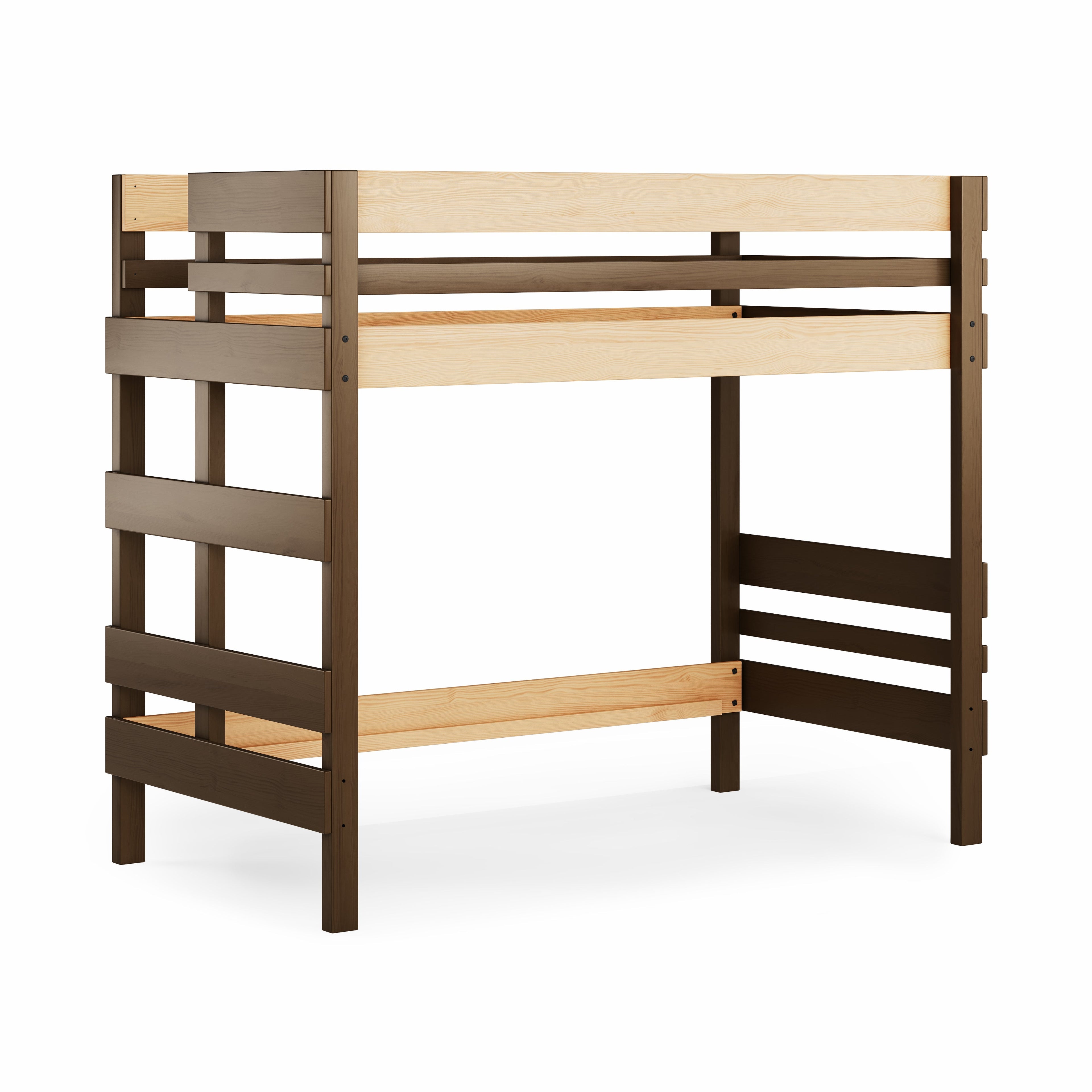 Native elm mid height high bed with ladder and slatted guardrails, single size.