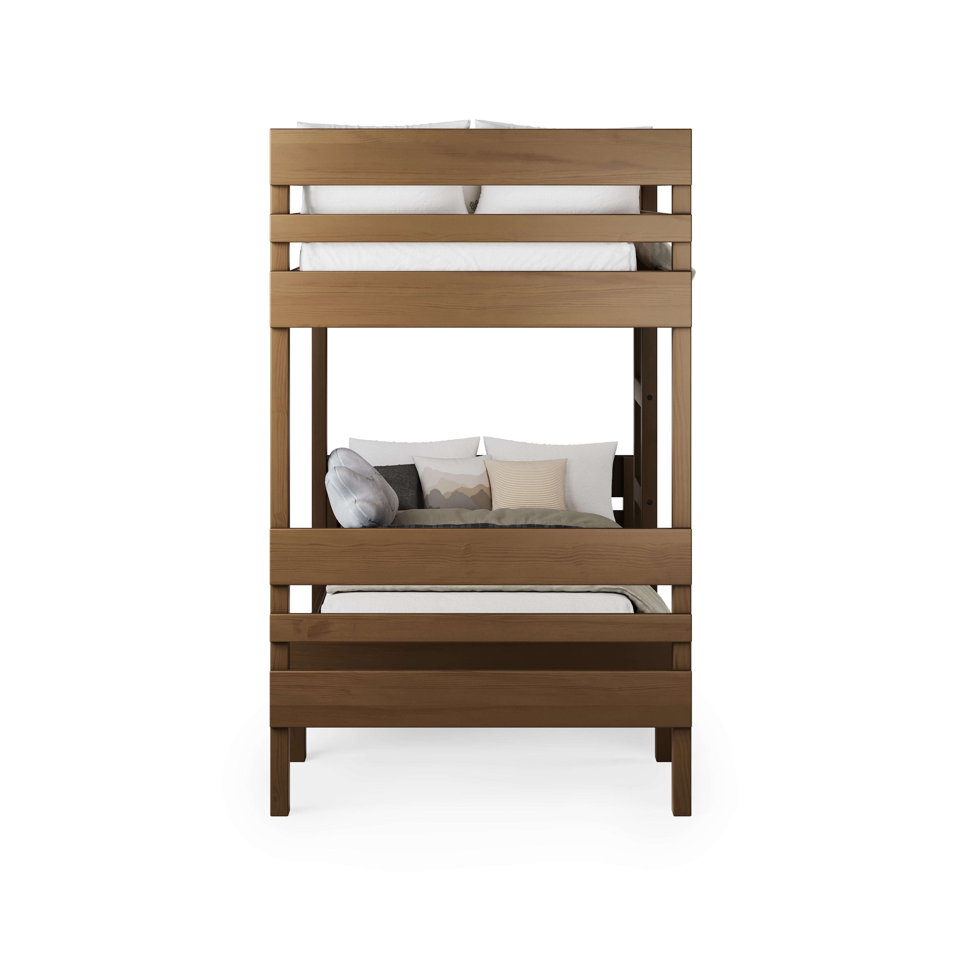Native elm long-wall bunk bed with king single size upper and lower beds and clean slatted design.