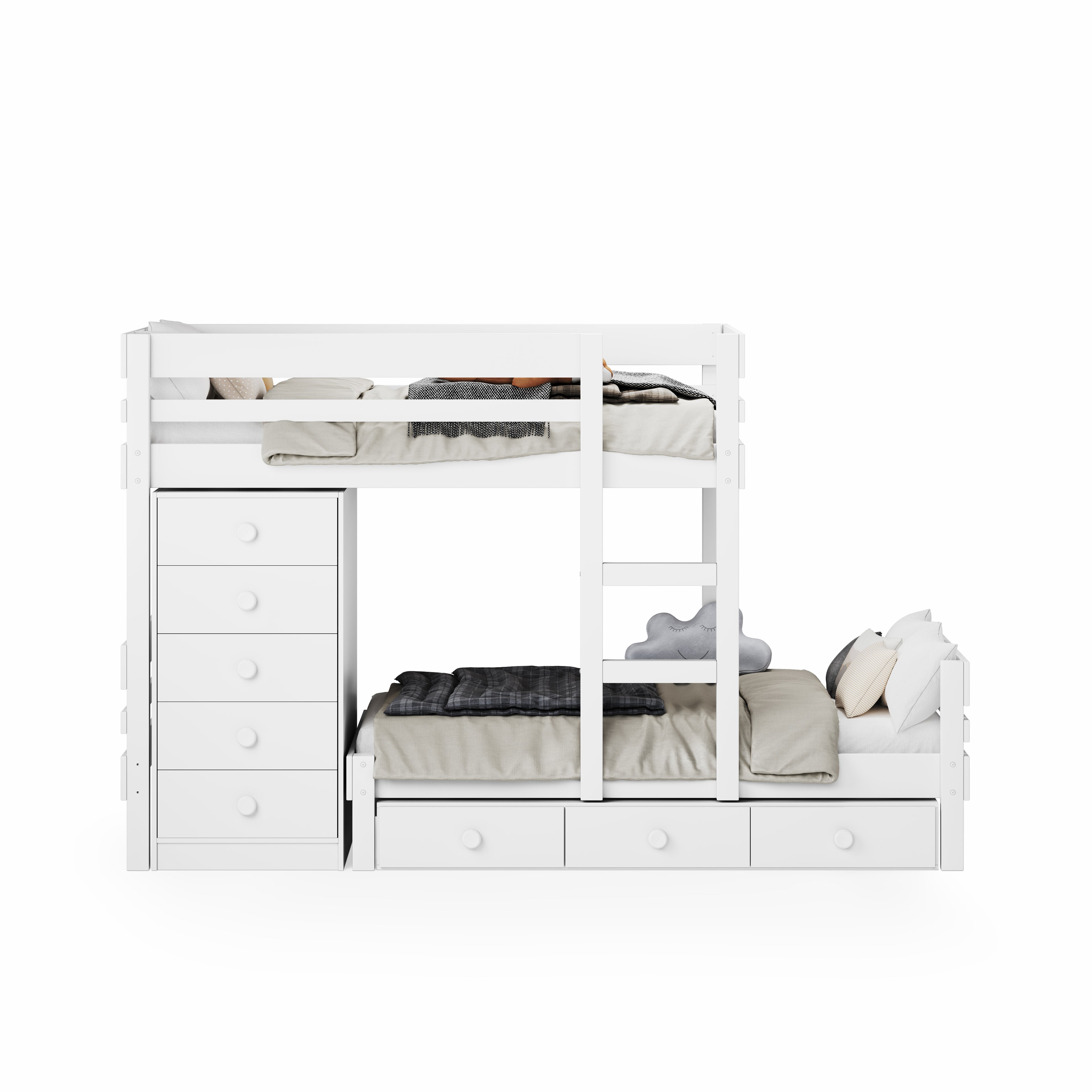 White wooden long-wall bunk bed with top guardrails, ladder, built-in drawers, and storage chest.
