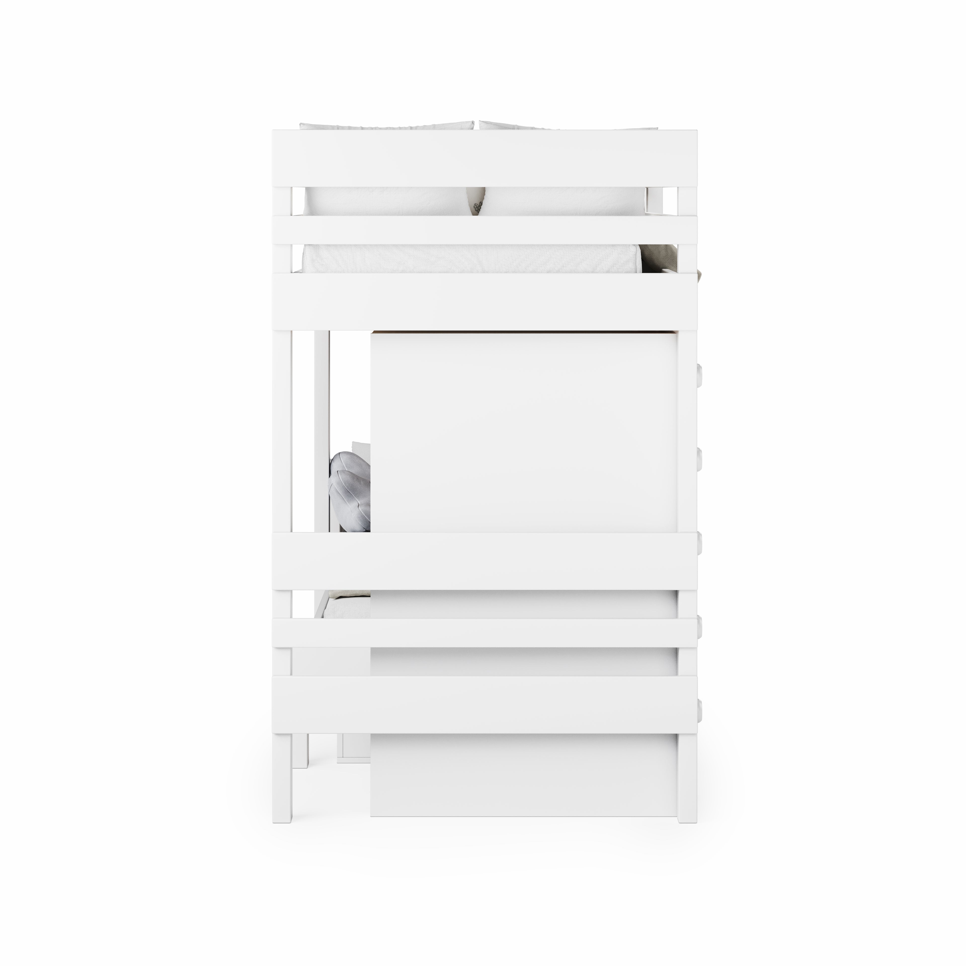 White mid-line long-wall bunk bed with protective side rails and slatted base.