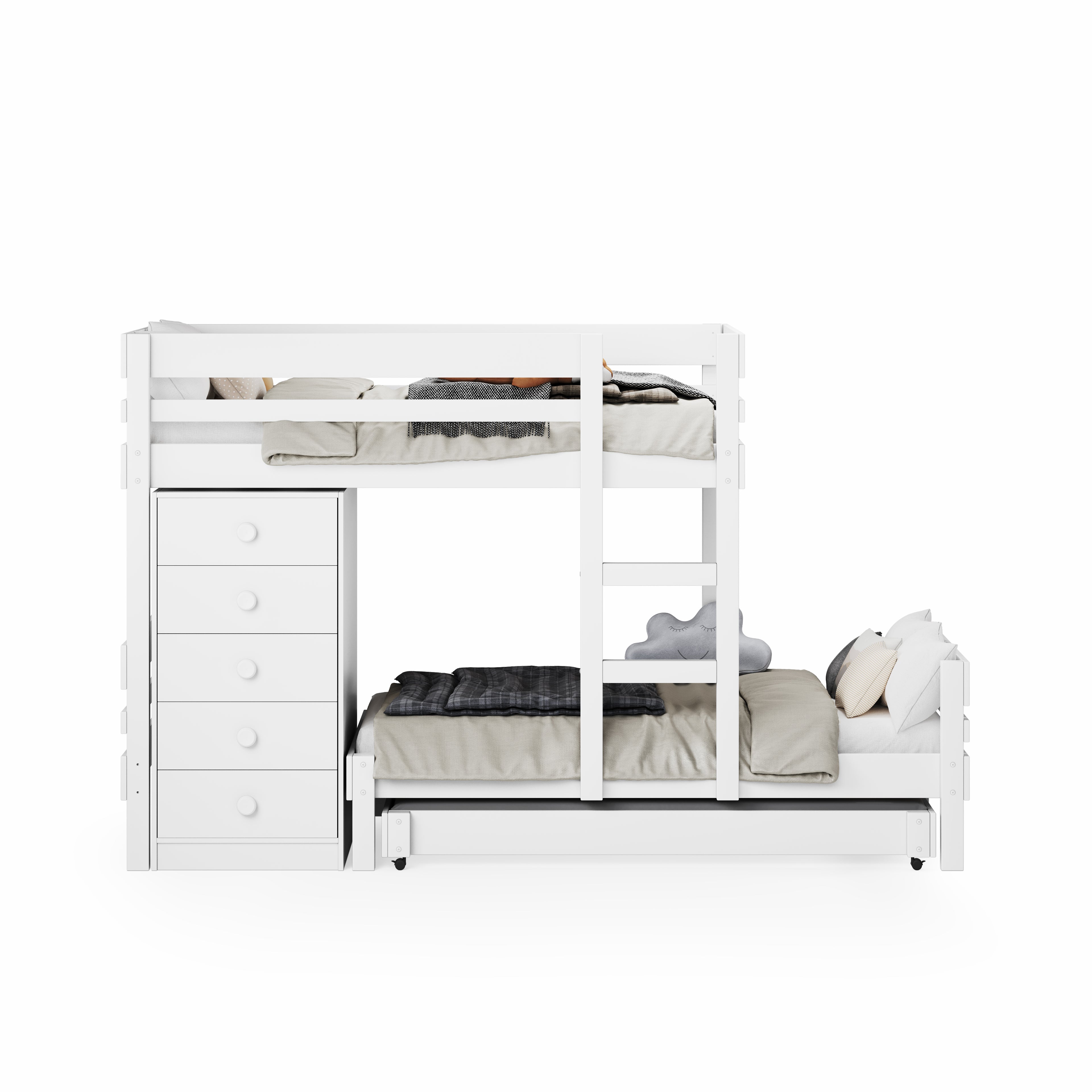 White mid-line long-wall bunk bed with built-in chest of drawers and pull-out trundle bed below lower bunk.