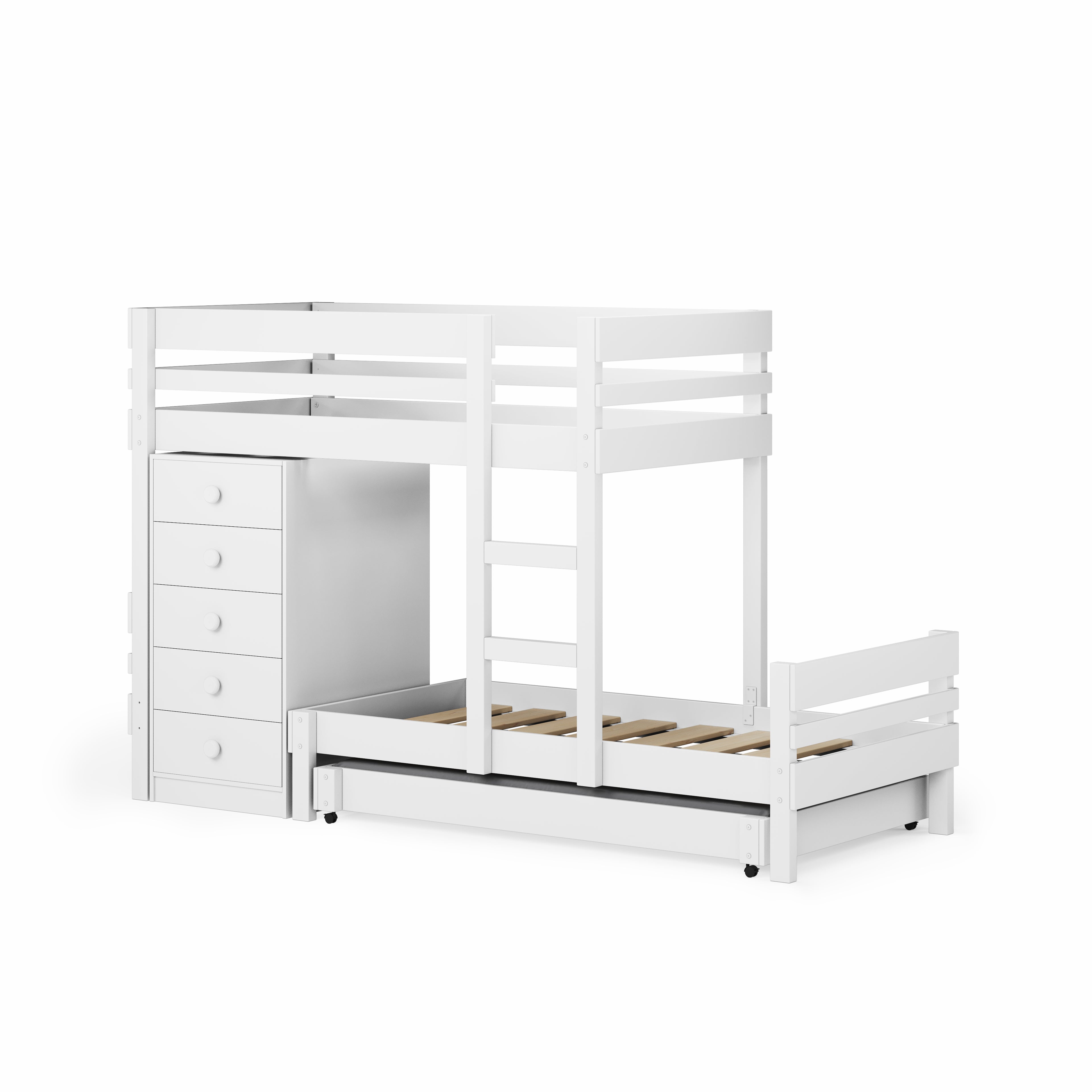 White mid-line long-wall bunk bed with upper single bed, lower pull-out trundle, and integrated chest of drawers.