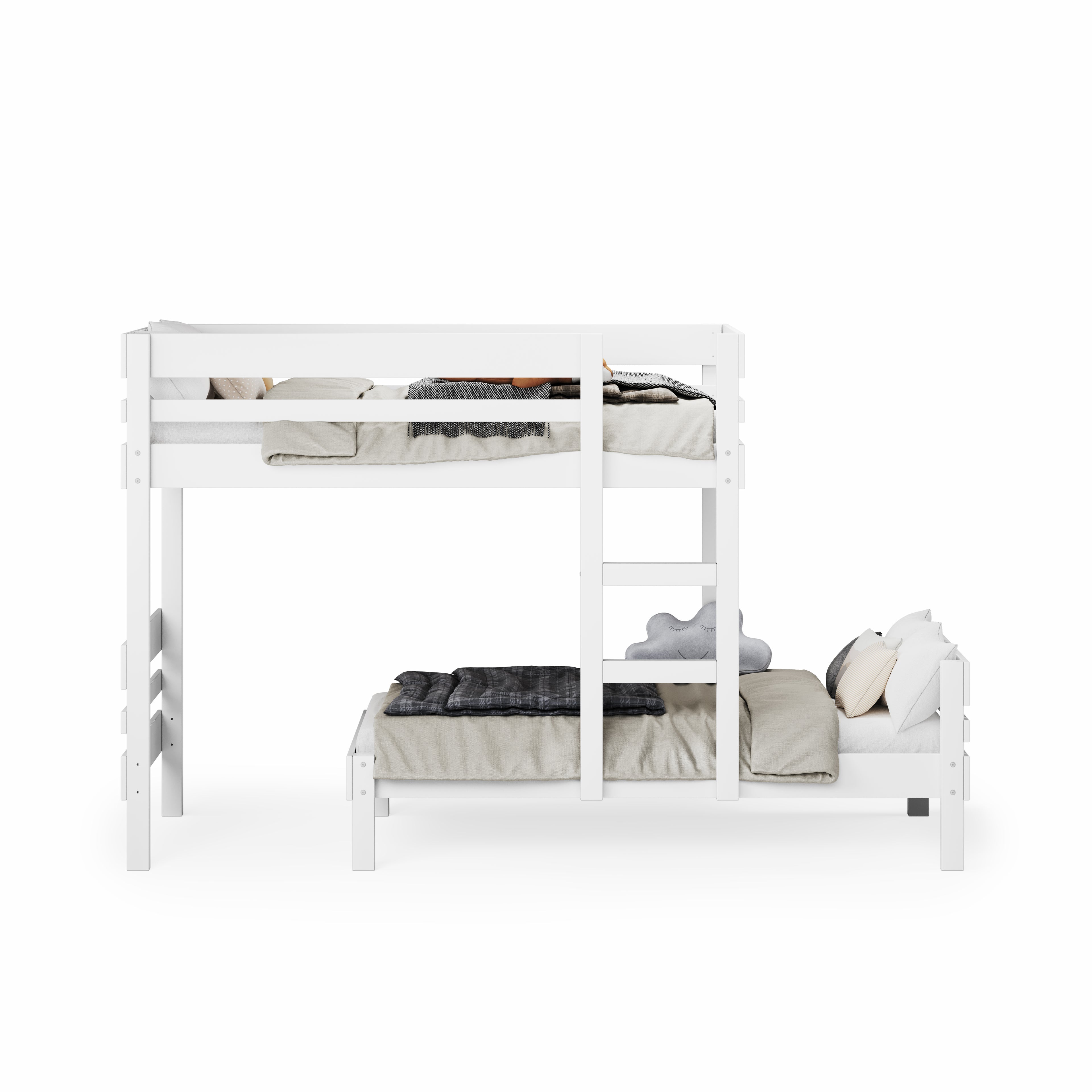 White mid-line long-wall bunk bed with guardrails and ladder, single over single configuration.