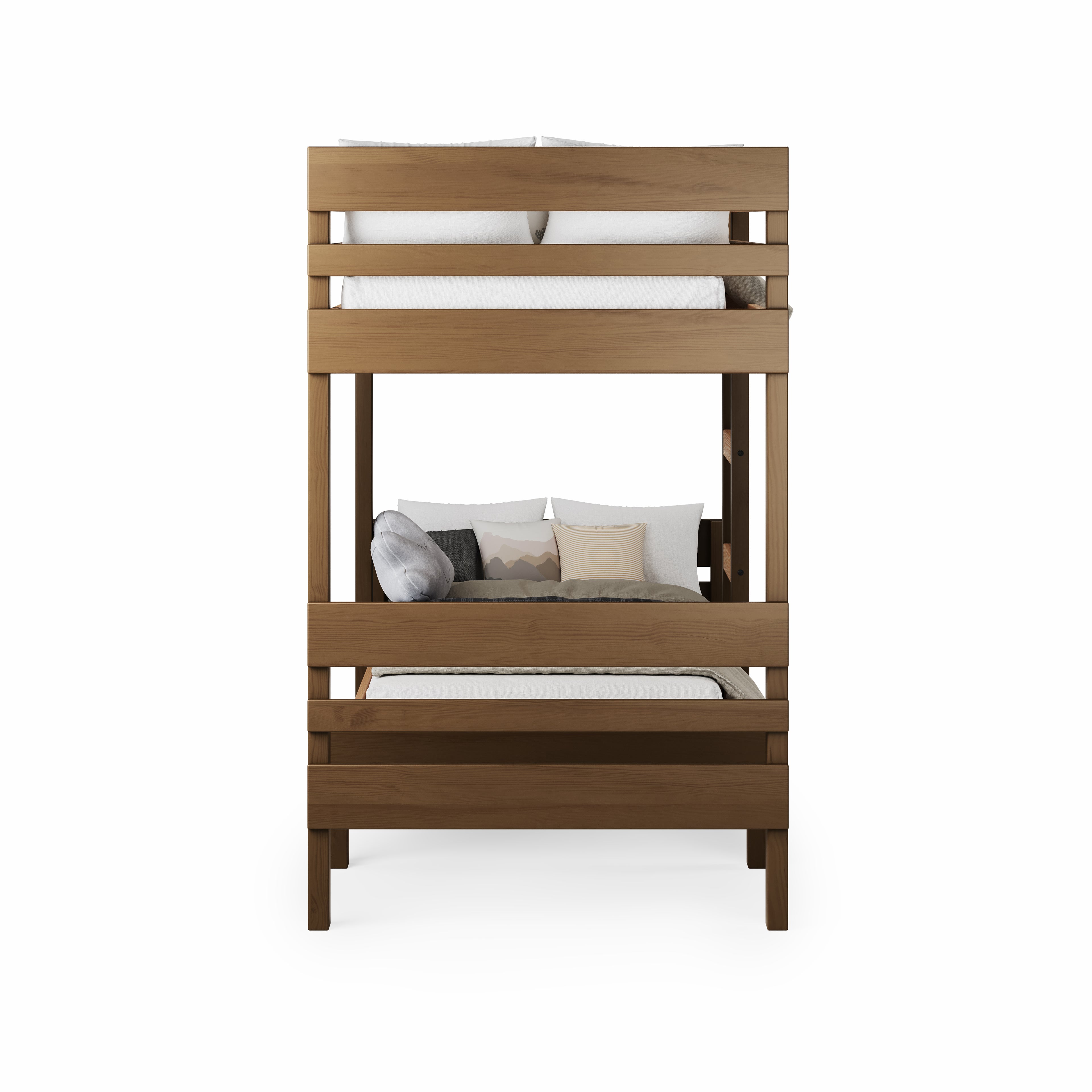 Native Elm long-wall bunk bed with single upper bed and larger lower bed, solid wood frame.
