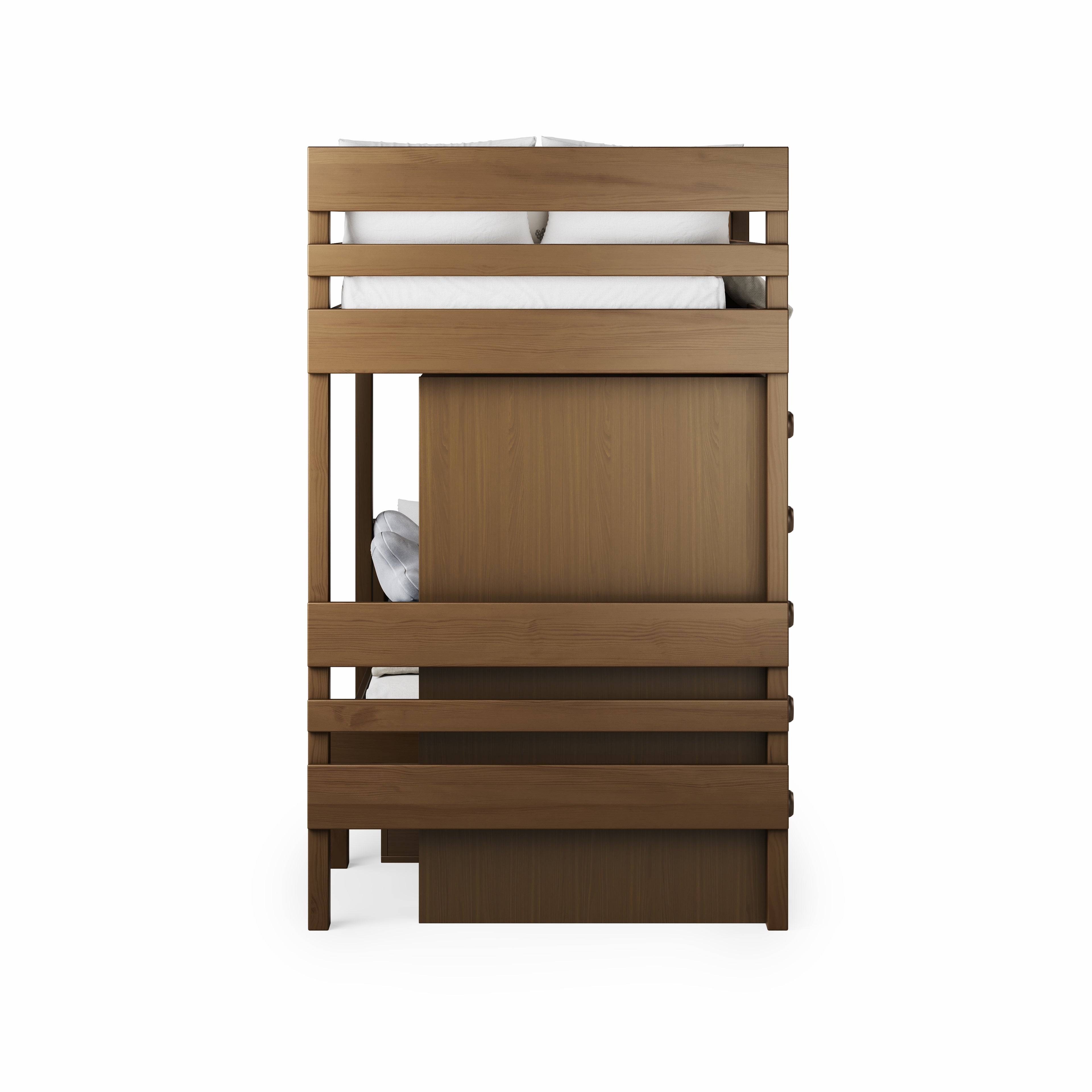 Native Elm long-wall bunk bed with twin mattresses and safety rails in natural wood finish.
