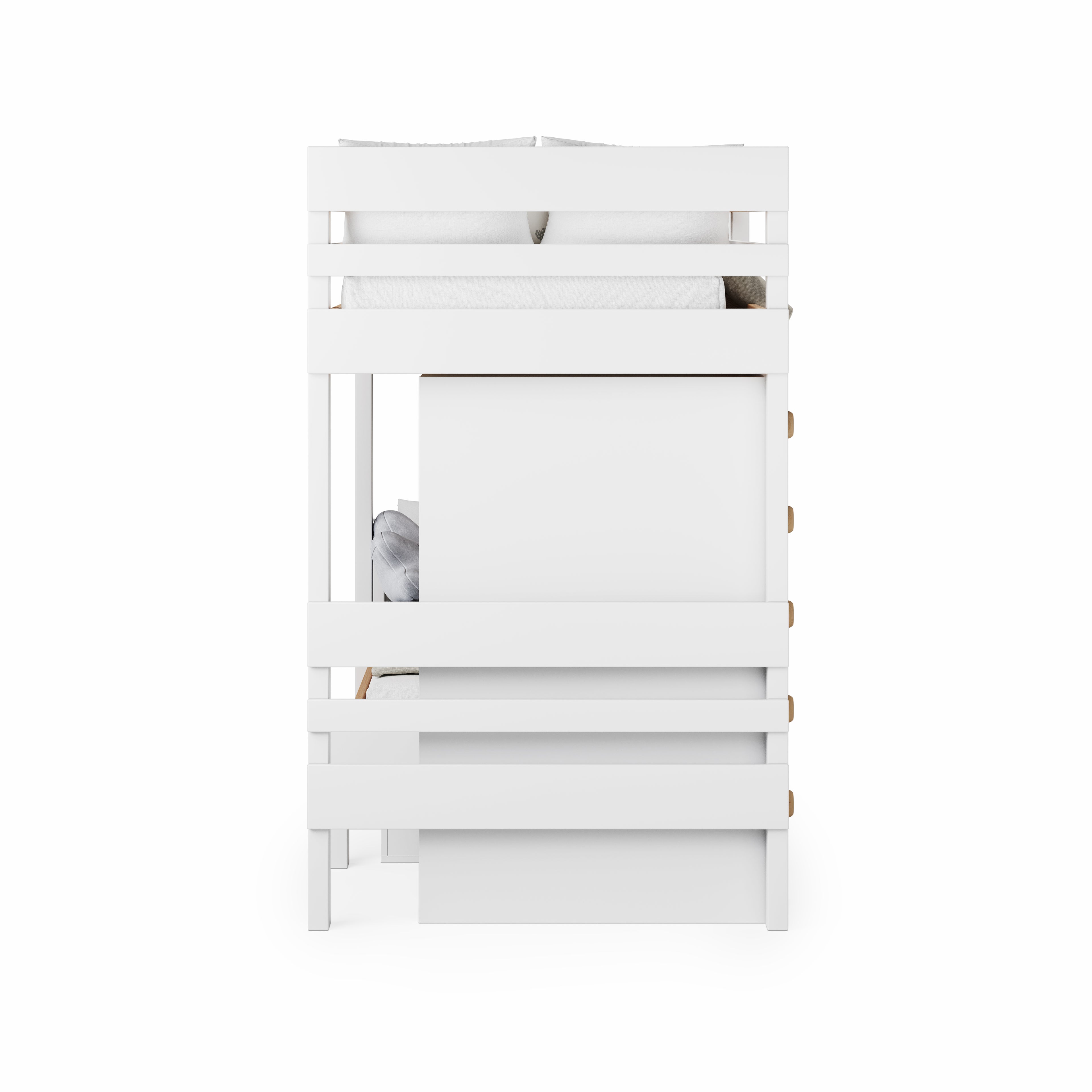White solid wood long-wall bunk bed with safety rails and slatted base, side view.