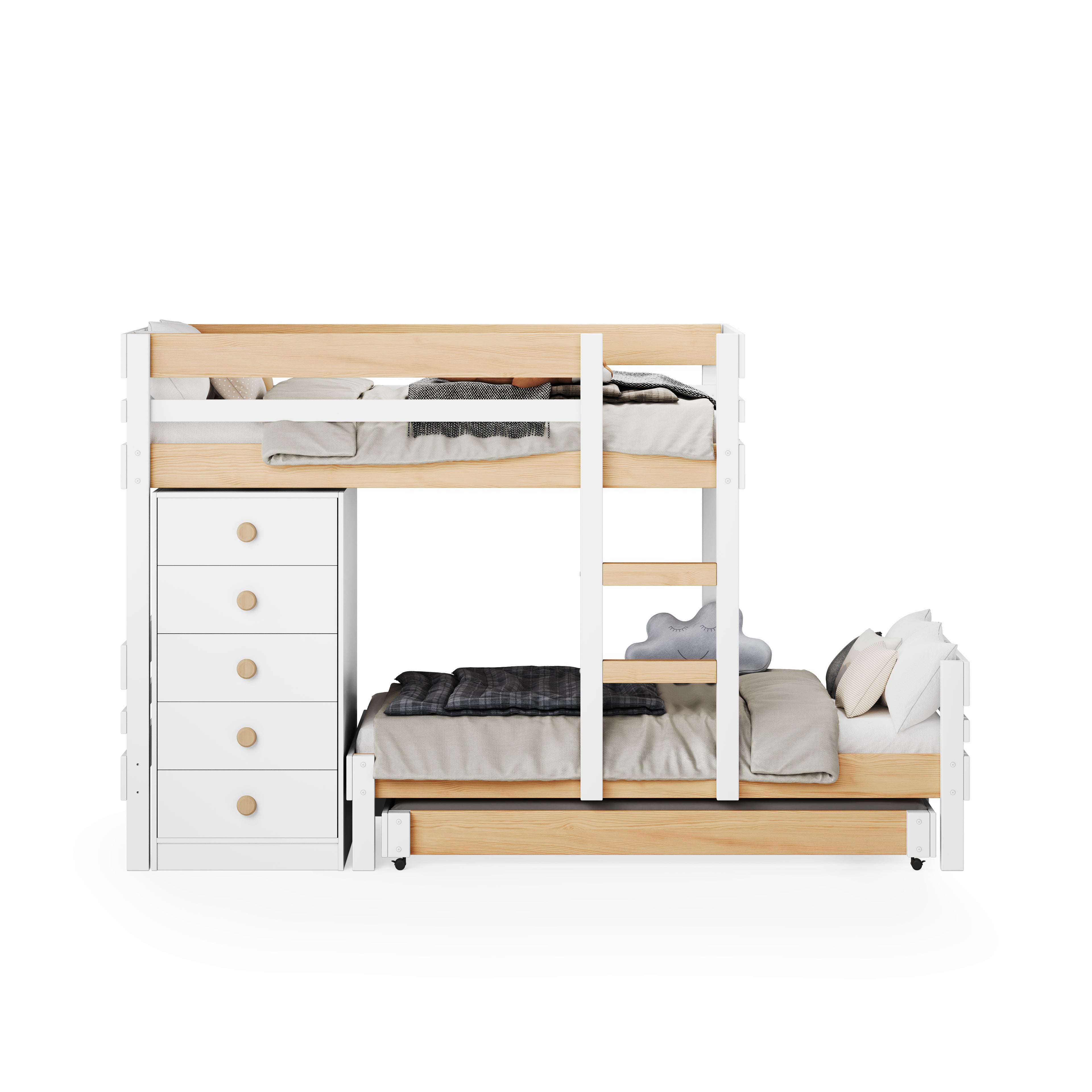 White mid-line long-wall bunk bed with top bunk, lower king single bed, and integrated chest drawers on left side.