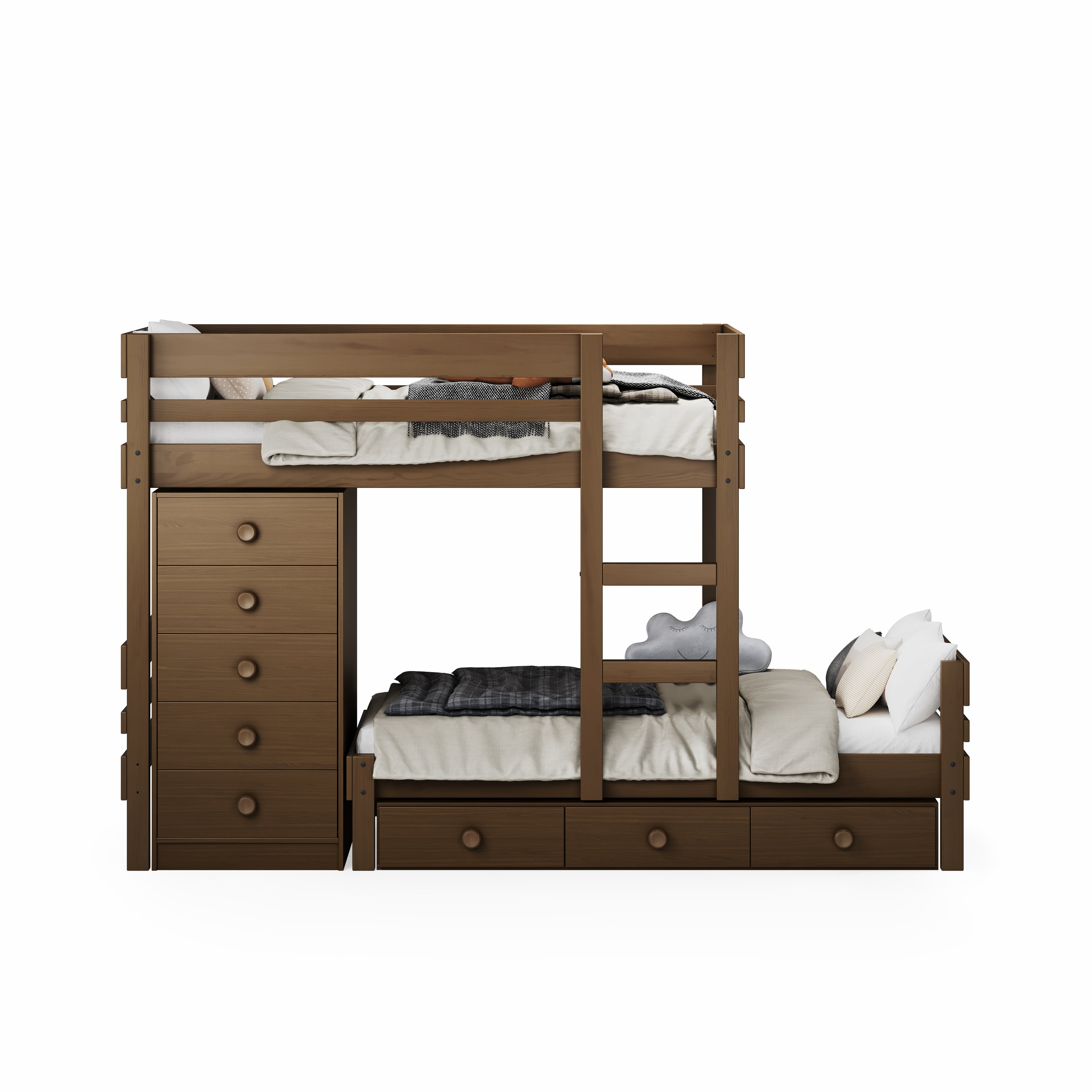Native elm mid-line long-wall bunk bed with built-in chest drawers and lower bed storage drawers.