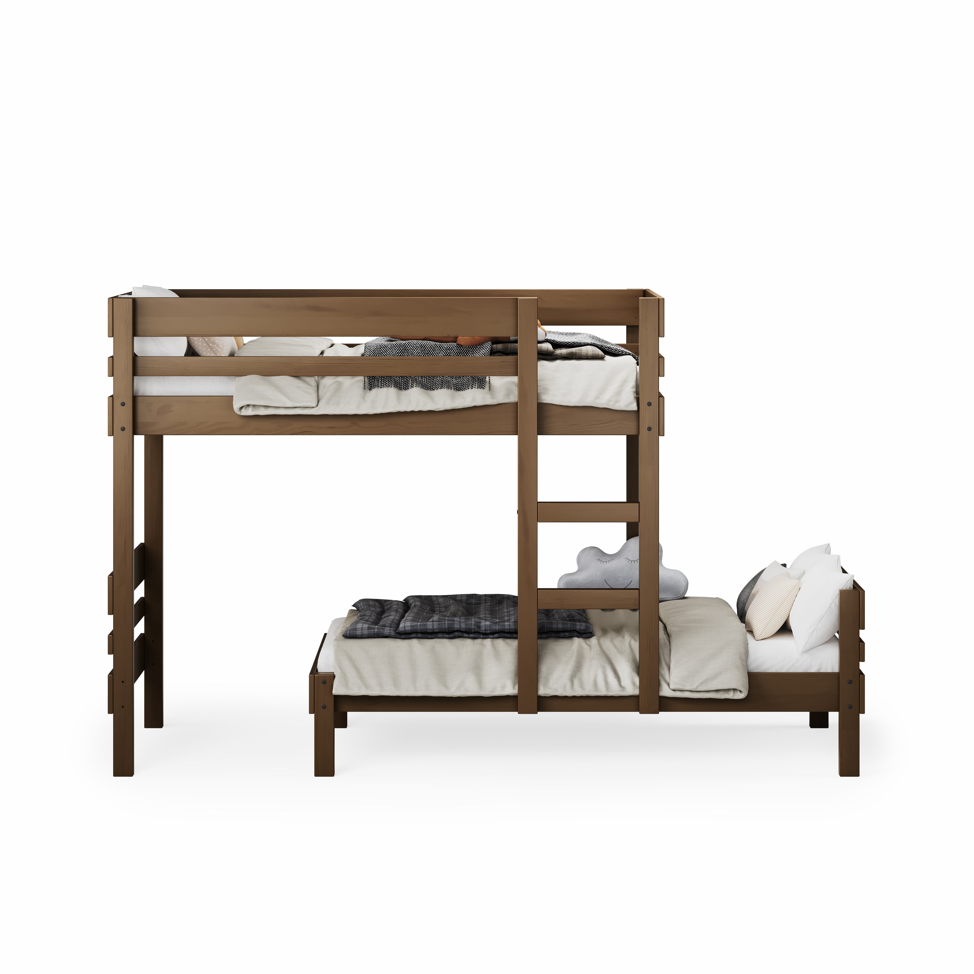 Native elm long-wall bunk bed with top and bottom single beds and integrated ladder.