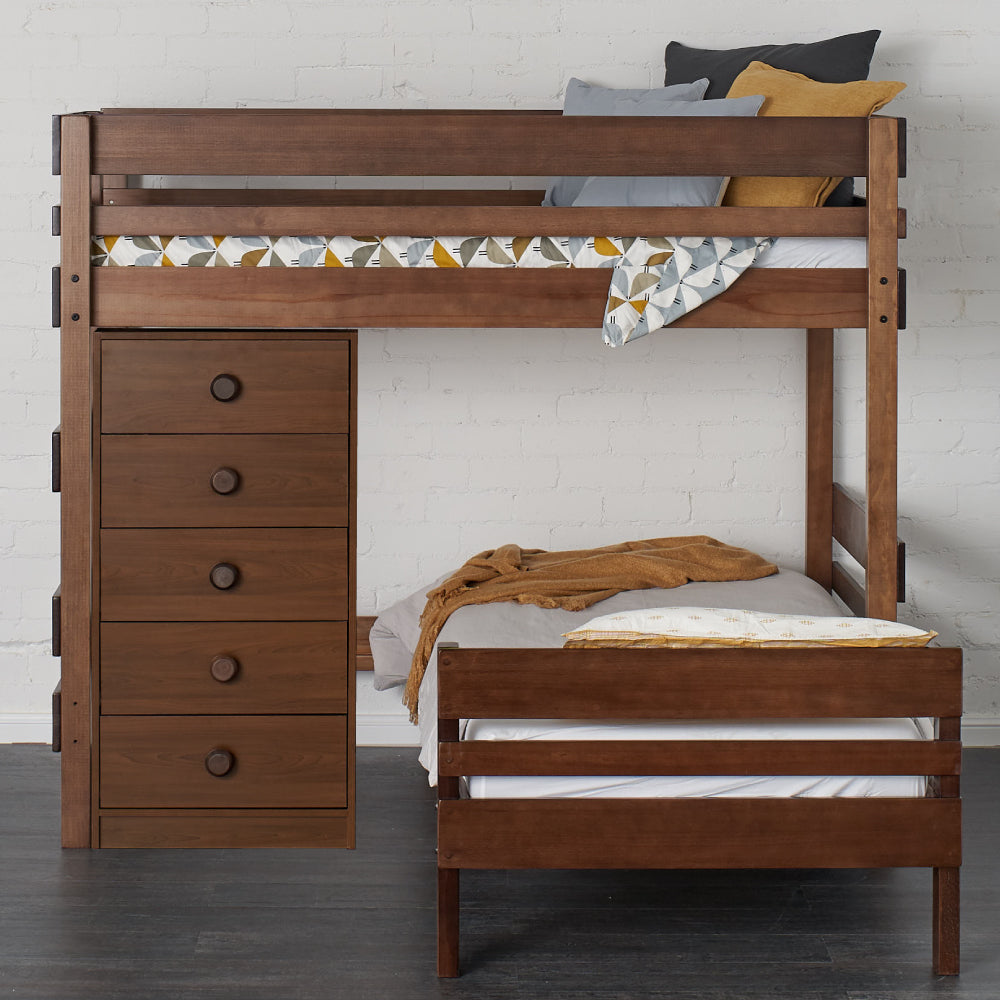Timber L shaped bunk bed in Elm finish. Pictured with large storage drawer chest.