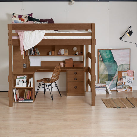 Double loft bed with corner desk in native elm wood featuring shelves, drawers, and a wicker chair.