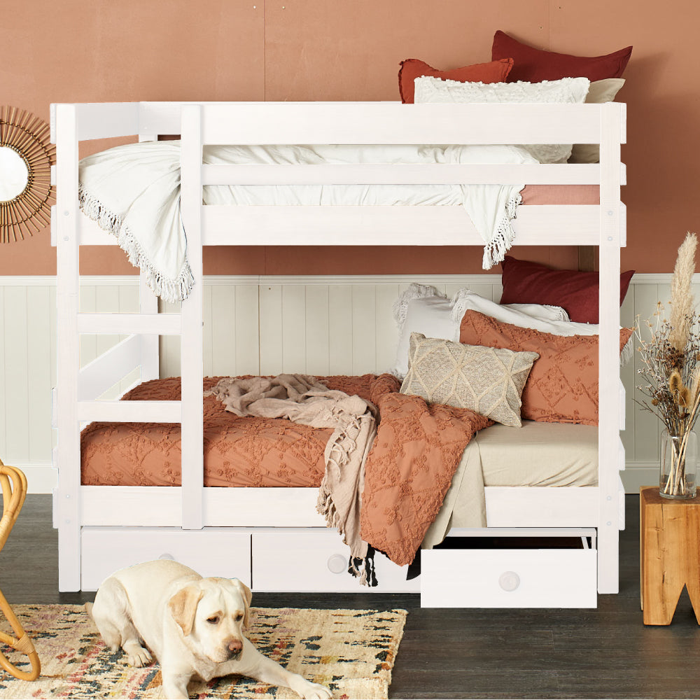 Timber bunk bed with trundle bed. Side ladder access bunk with under bed drawers in white finish