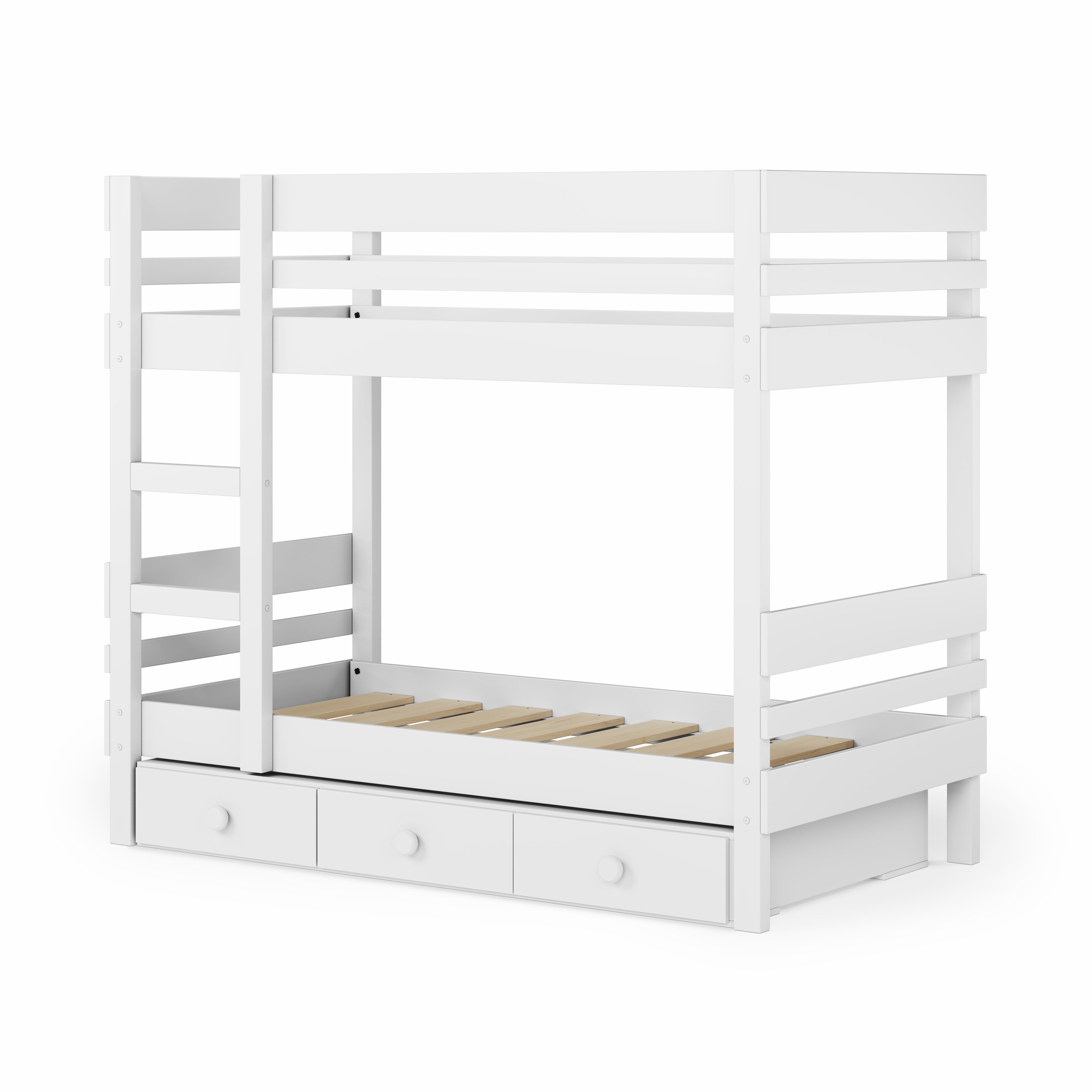 White wooden bunk bed with side ladder access and three bottom storage drawers.