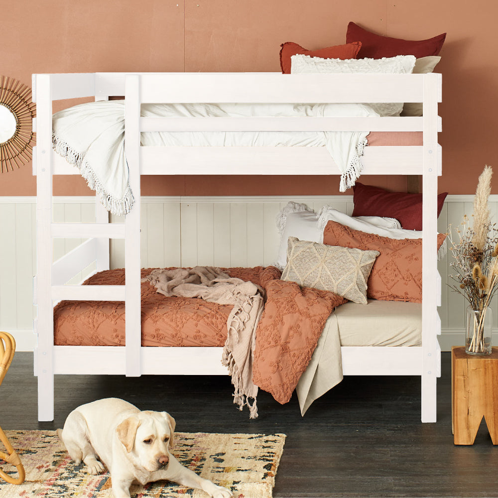 Timber bunk bed with trundle bed. Side ladder access bunk in white finish