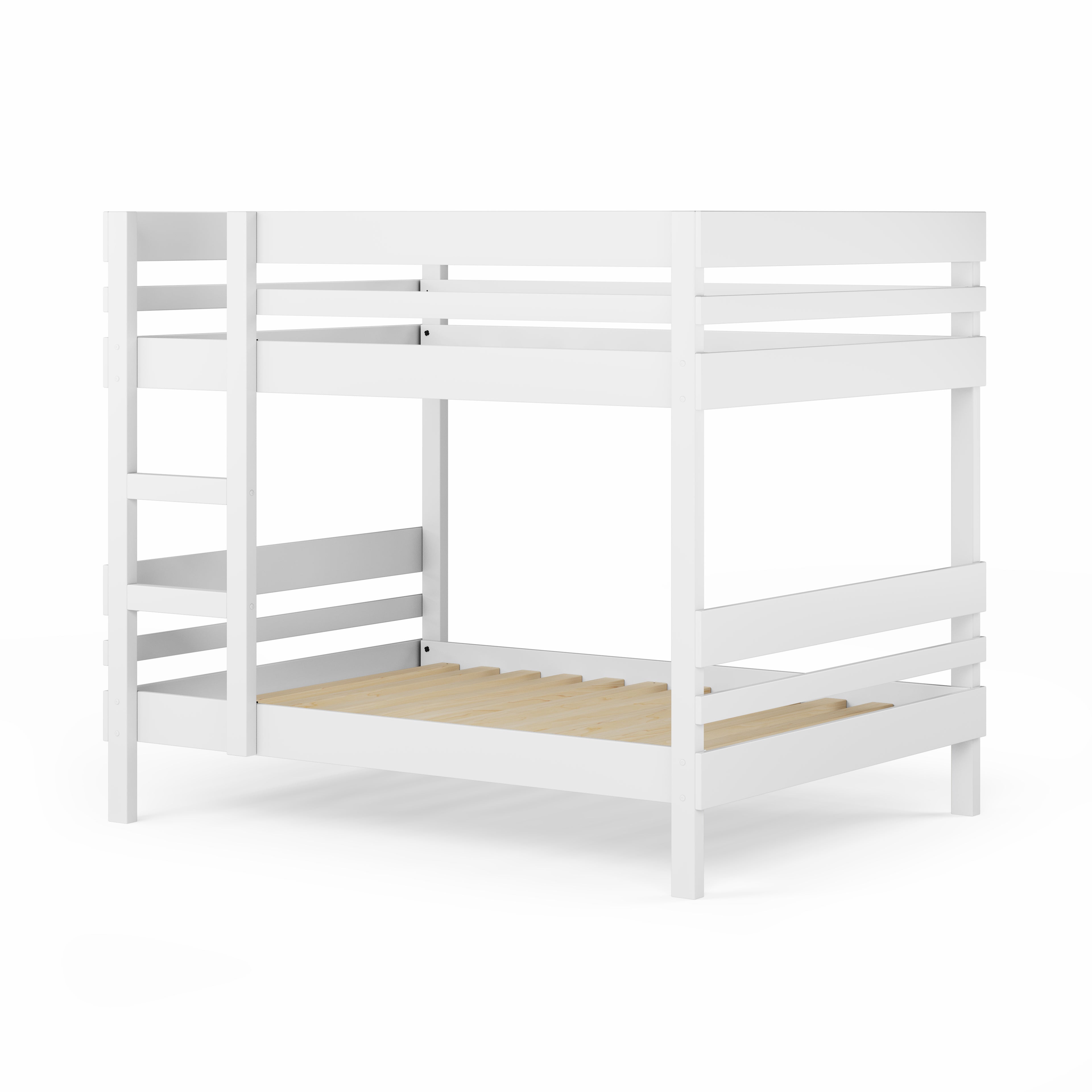 White wooden bunk bed with side ladder access and slatted guardrails.