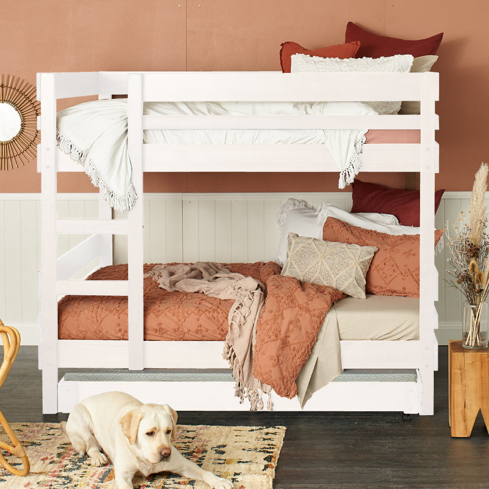 Timber bunk bed with trundle bed. Side ladder access bunk with trundle in white finish