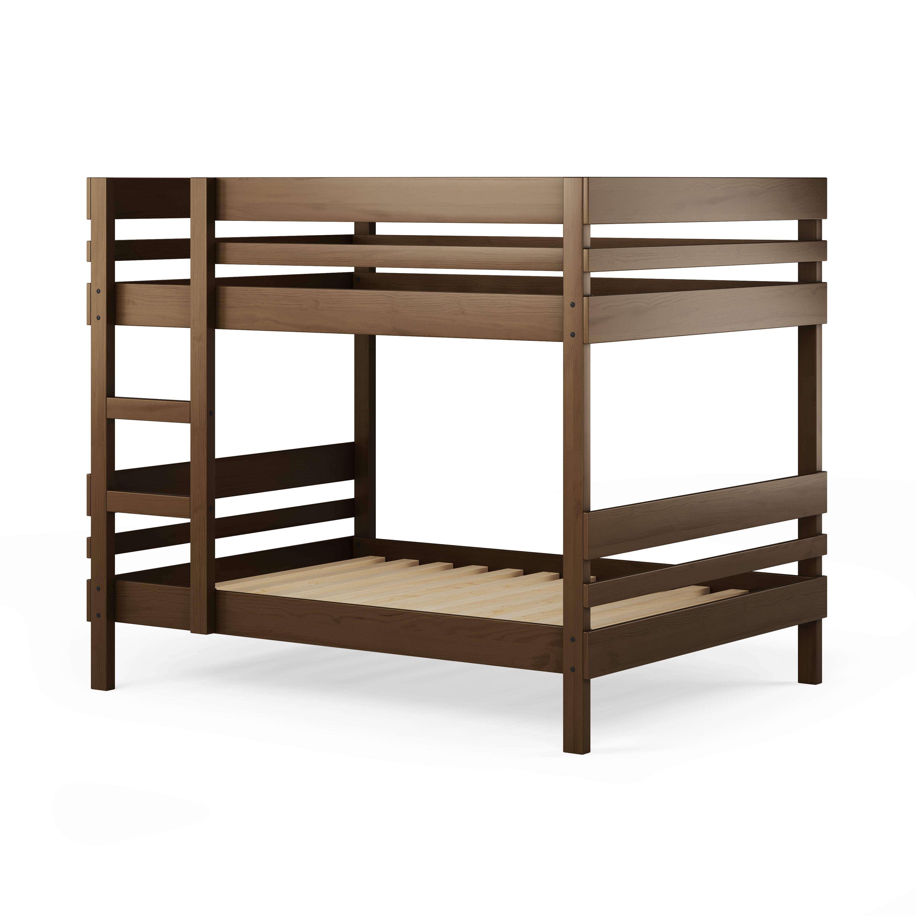 Native elm bunk bed with side ladder access and solid slat base.