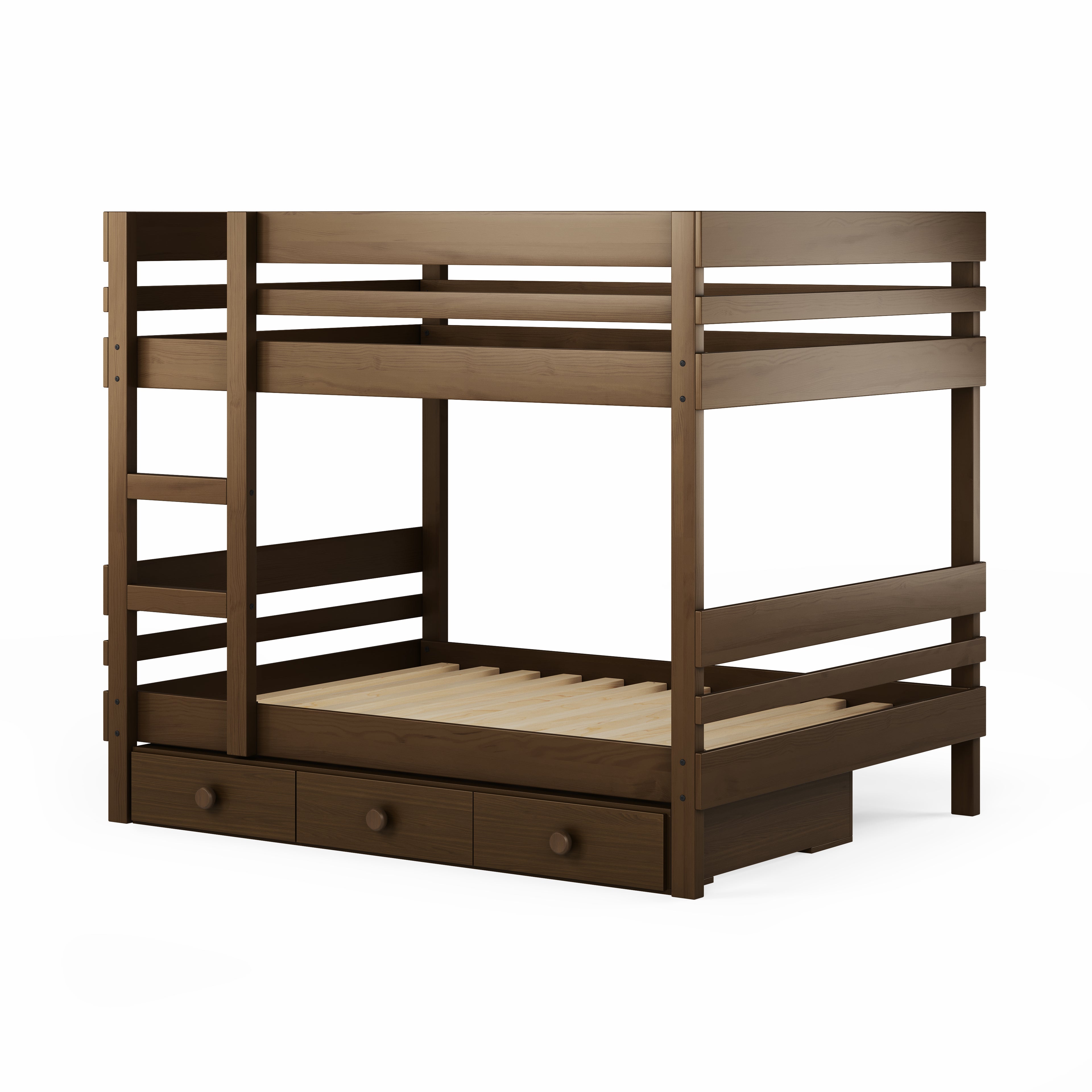 Native elm bunk bed with side ladder access and integrated under bed drawers.