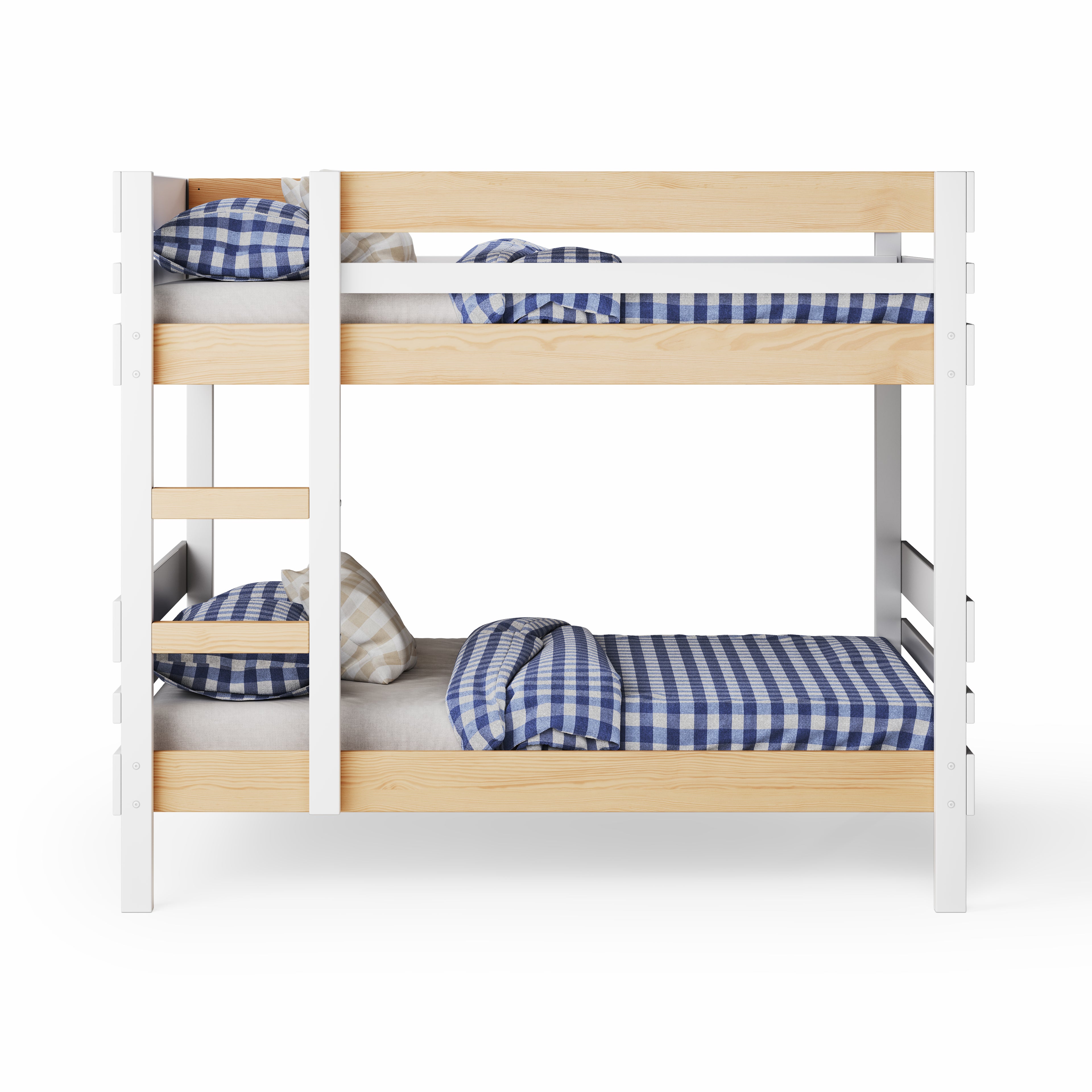 White wooden bunk bed with side ladder access, natural wood accents, blue checkered bedding.
