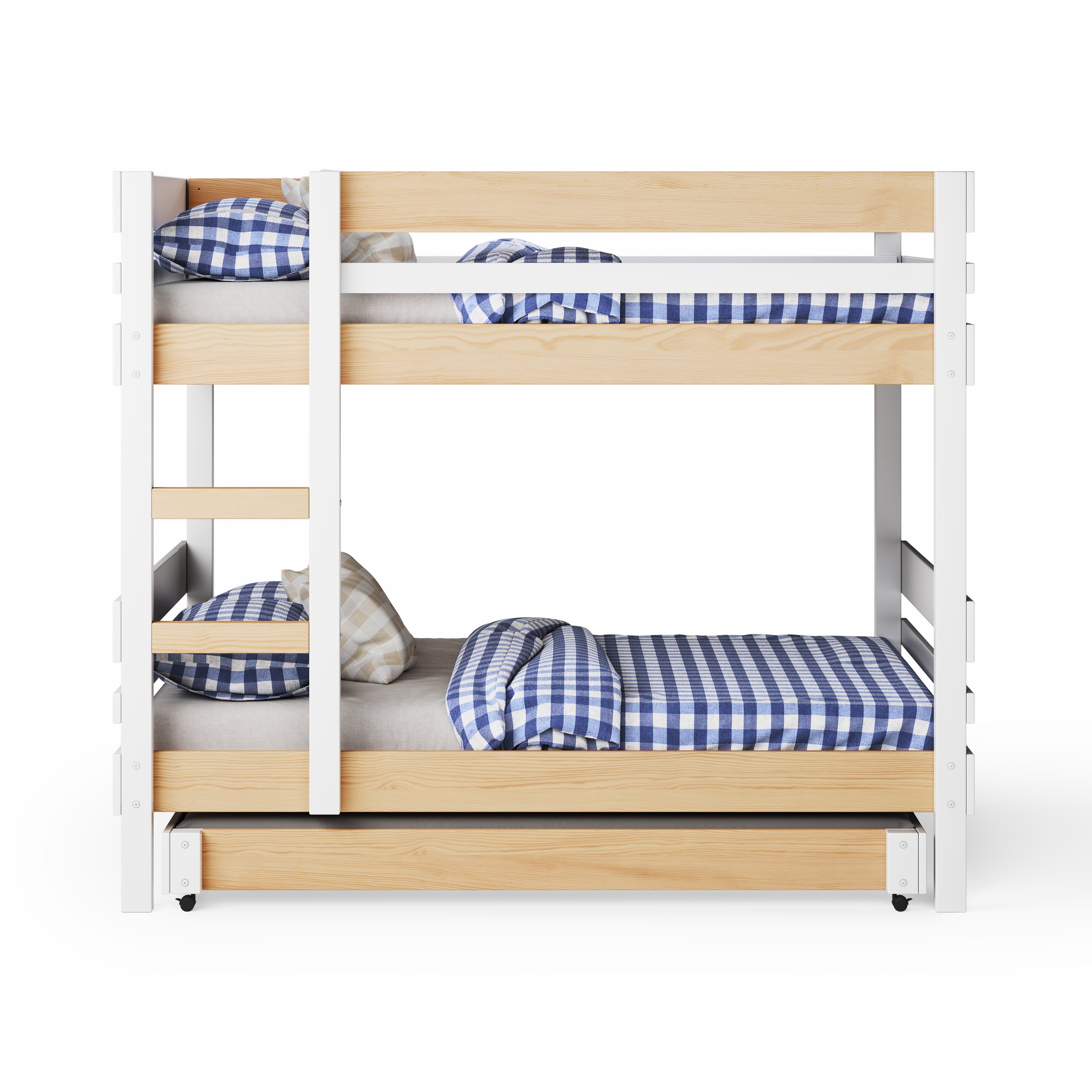White bunk bed with side ladder access, blue checkered bedding, and wooden trundle drawer underneath.