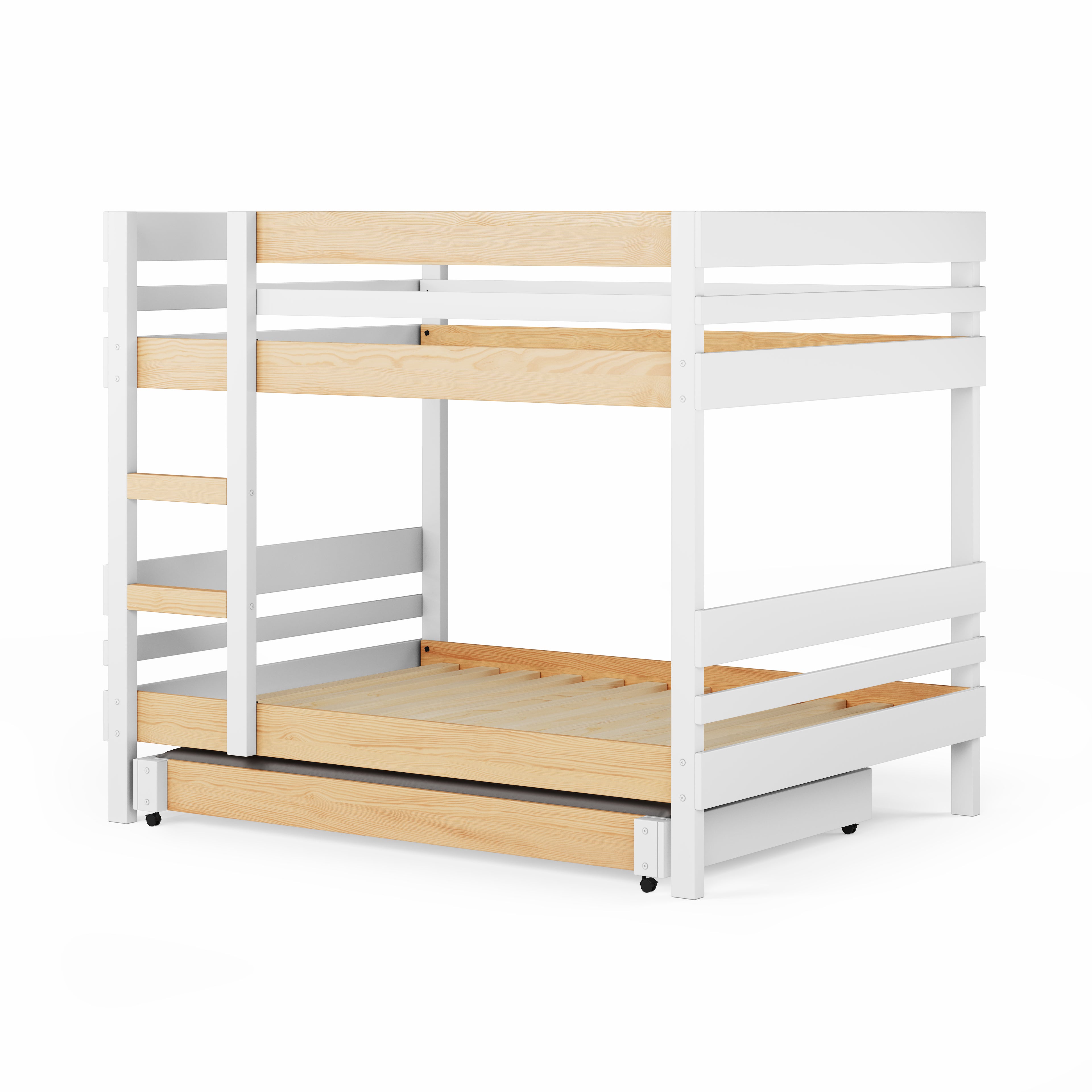 White bunk bed with side ladder access and light wood accents, modern design.