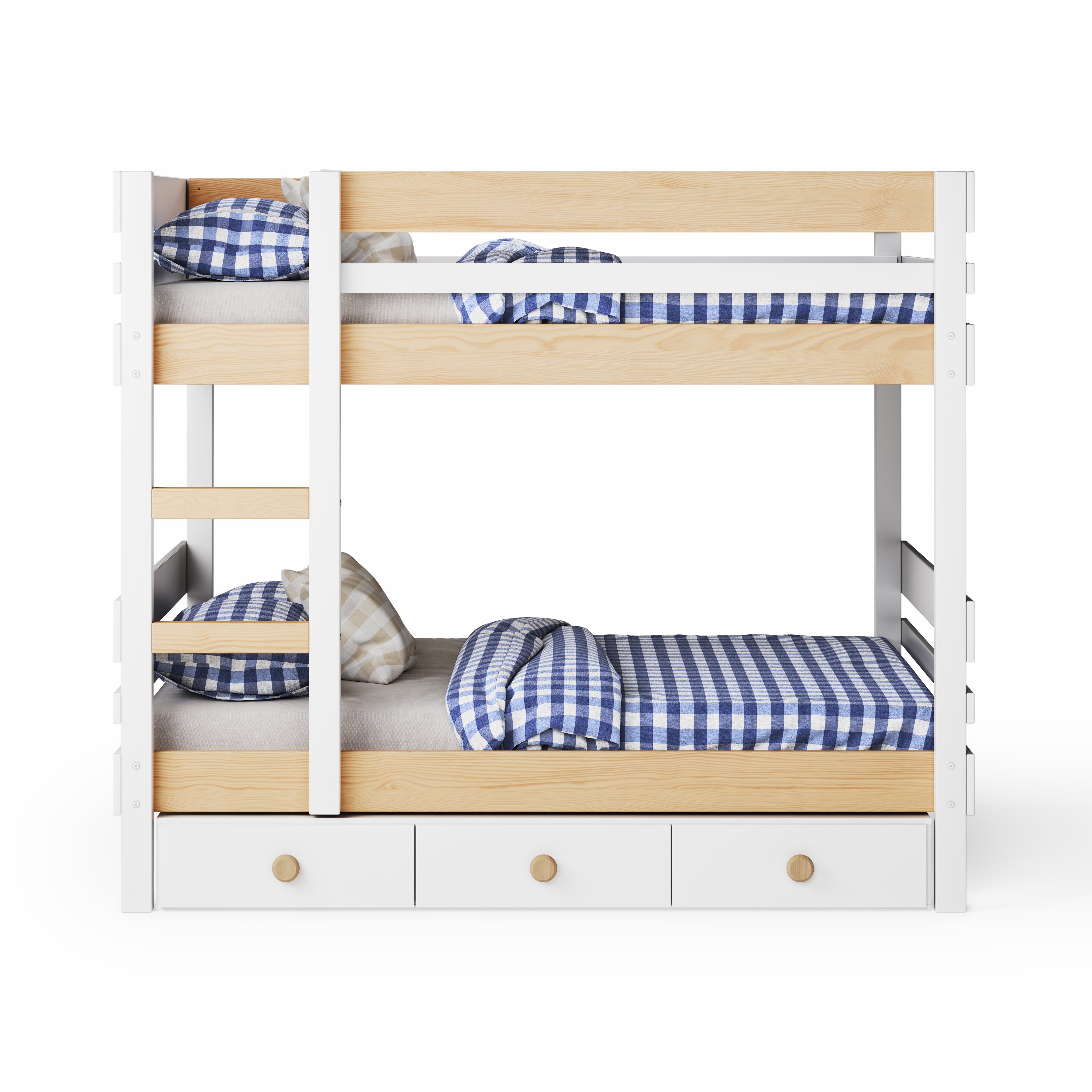 White wooden bunk bed with side ladder access and three under-bed drawers, blue plaid bedding.