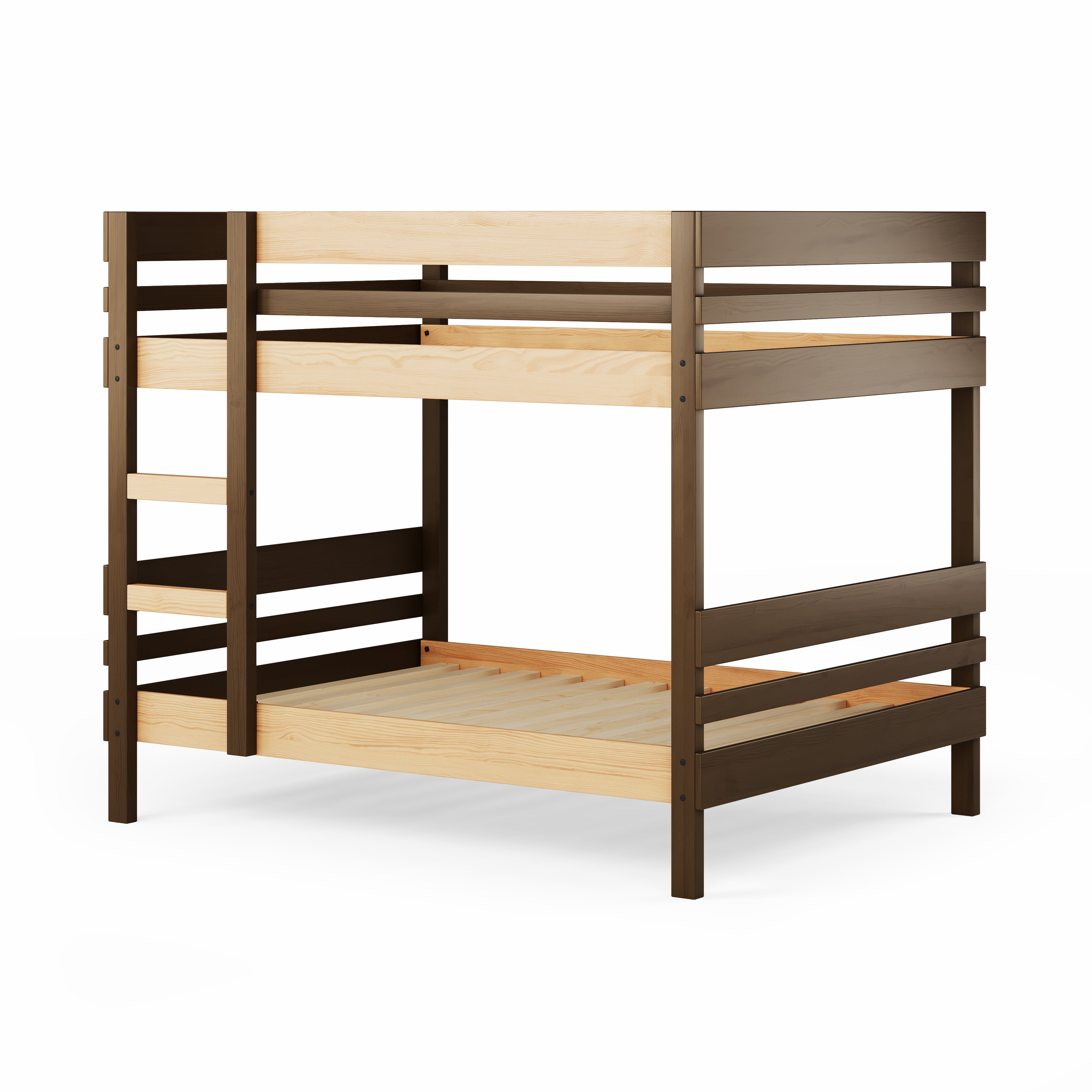 Wood finish bunk bed with side ladder access and slatted guardrails on top bunk.