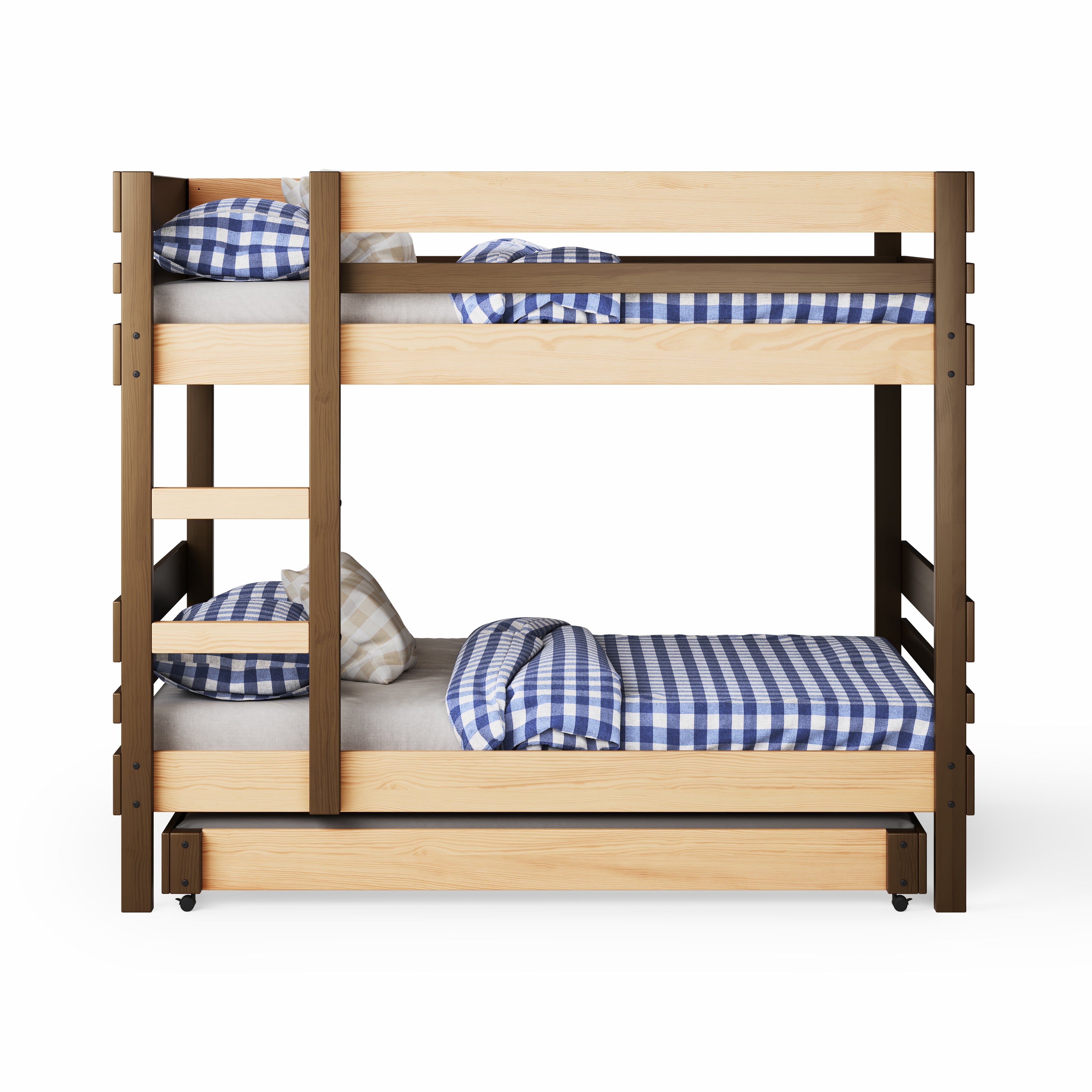 Wooden bunk bed with side ladder access and blue checkered bedding.
