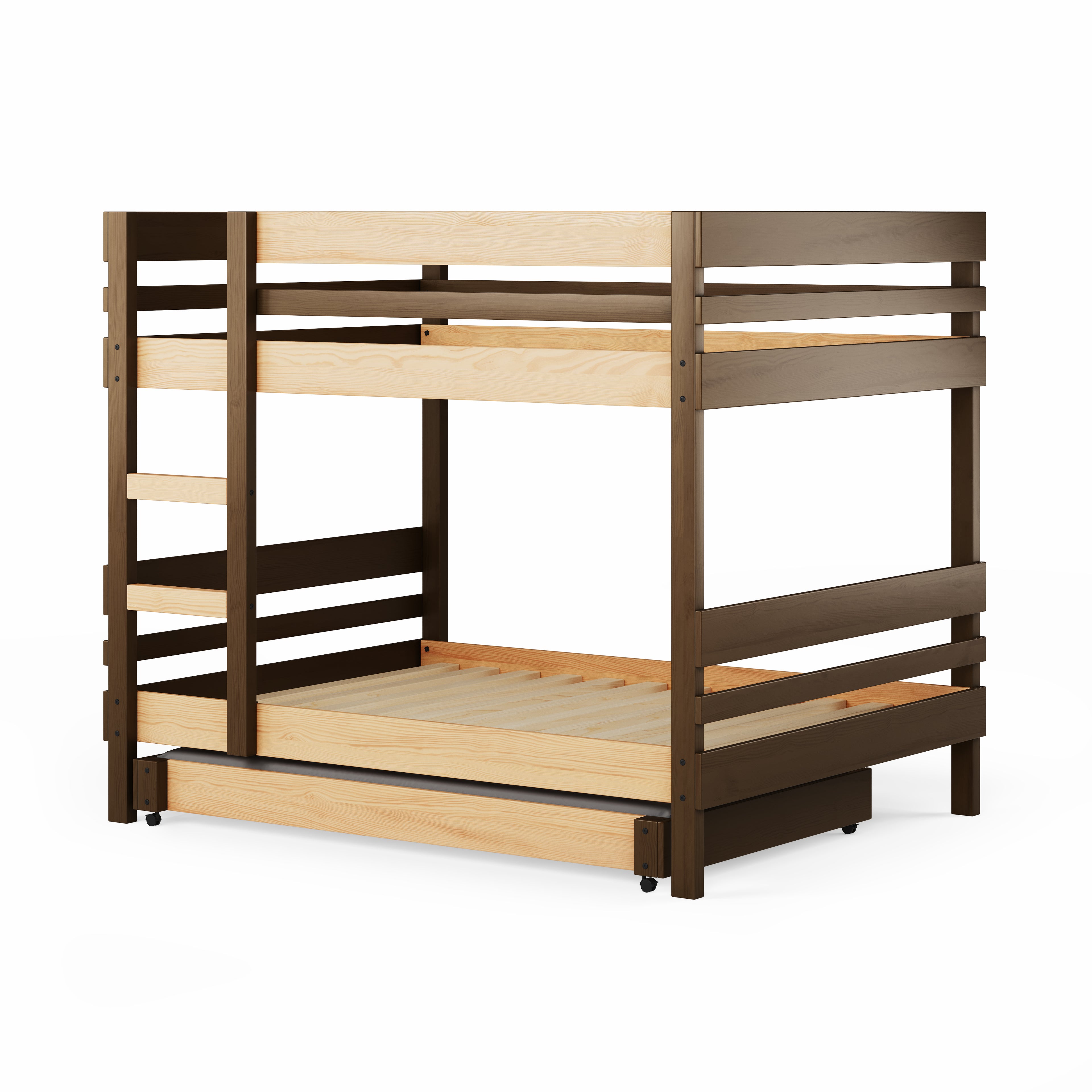 Wood bunk bed with side ladder access in natural elm finish, simple slat design.