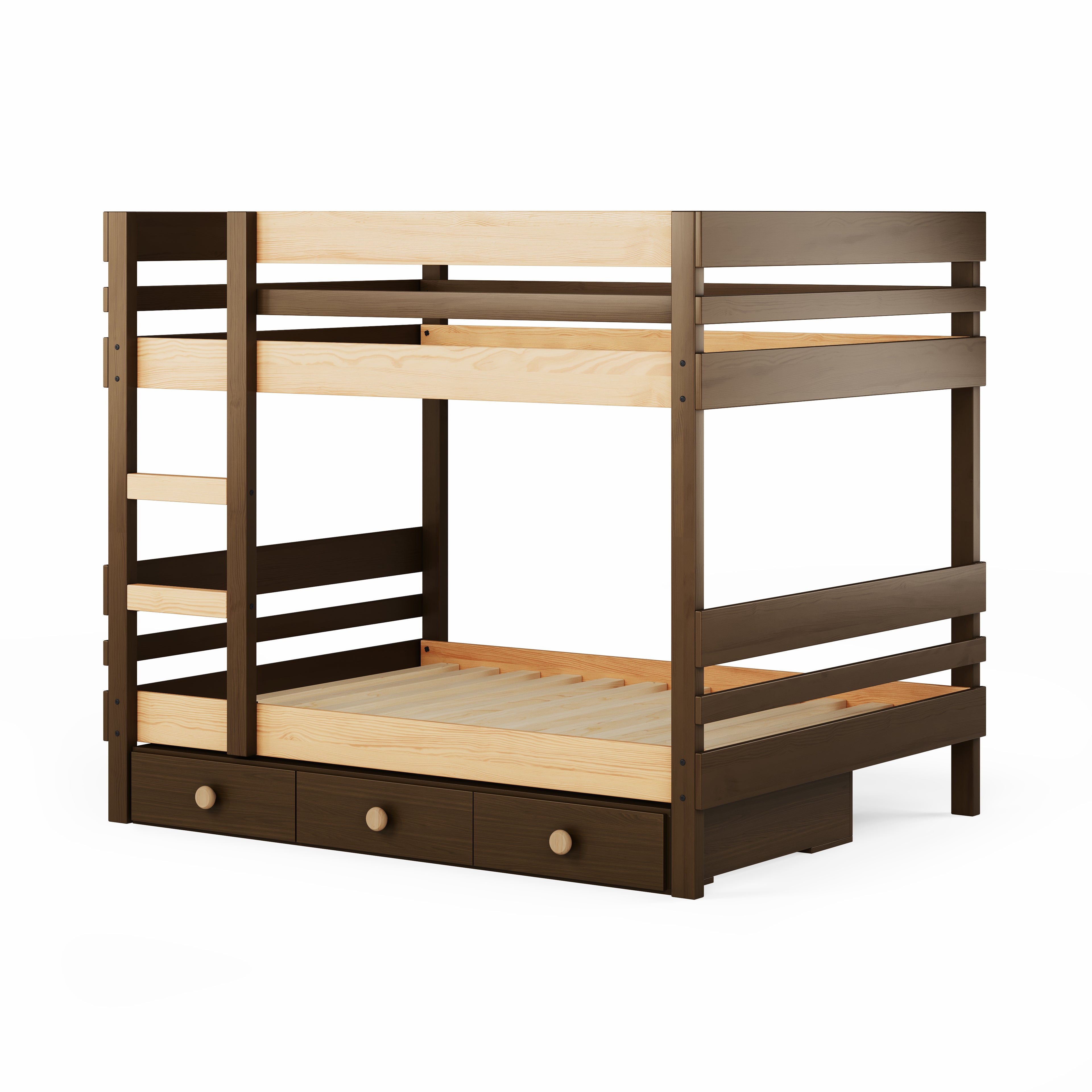 Wooden bunk bed with side ladder access and under bed drawers in natural and dark wood tones.