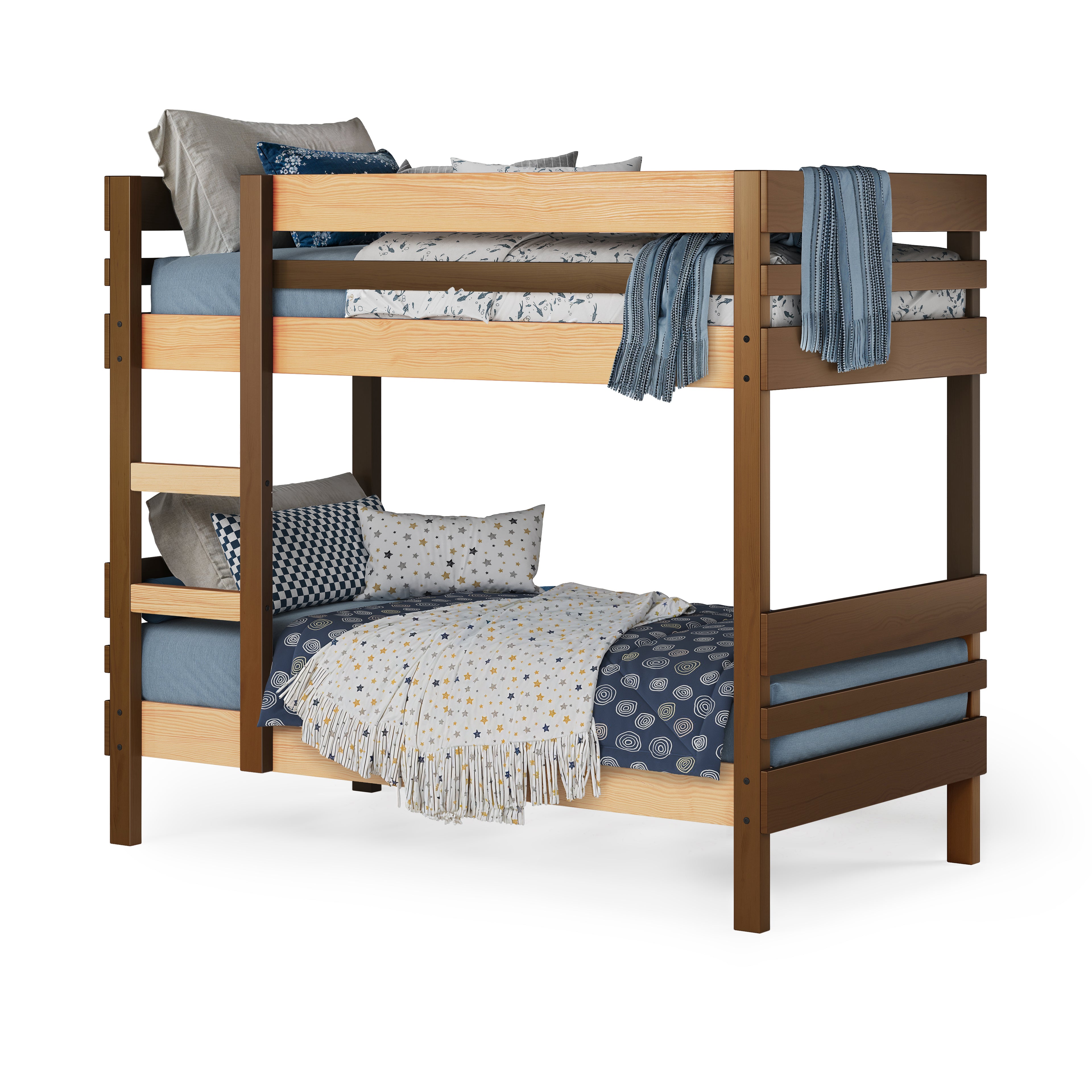 side ladder bunk bed angle view dressed finish_elm-clear