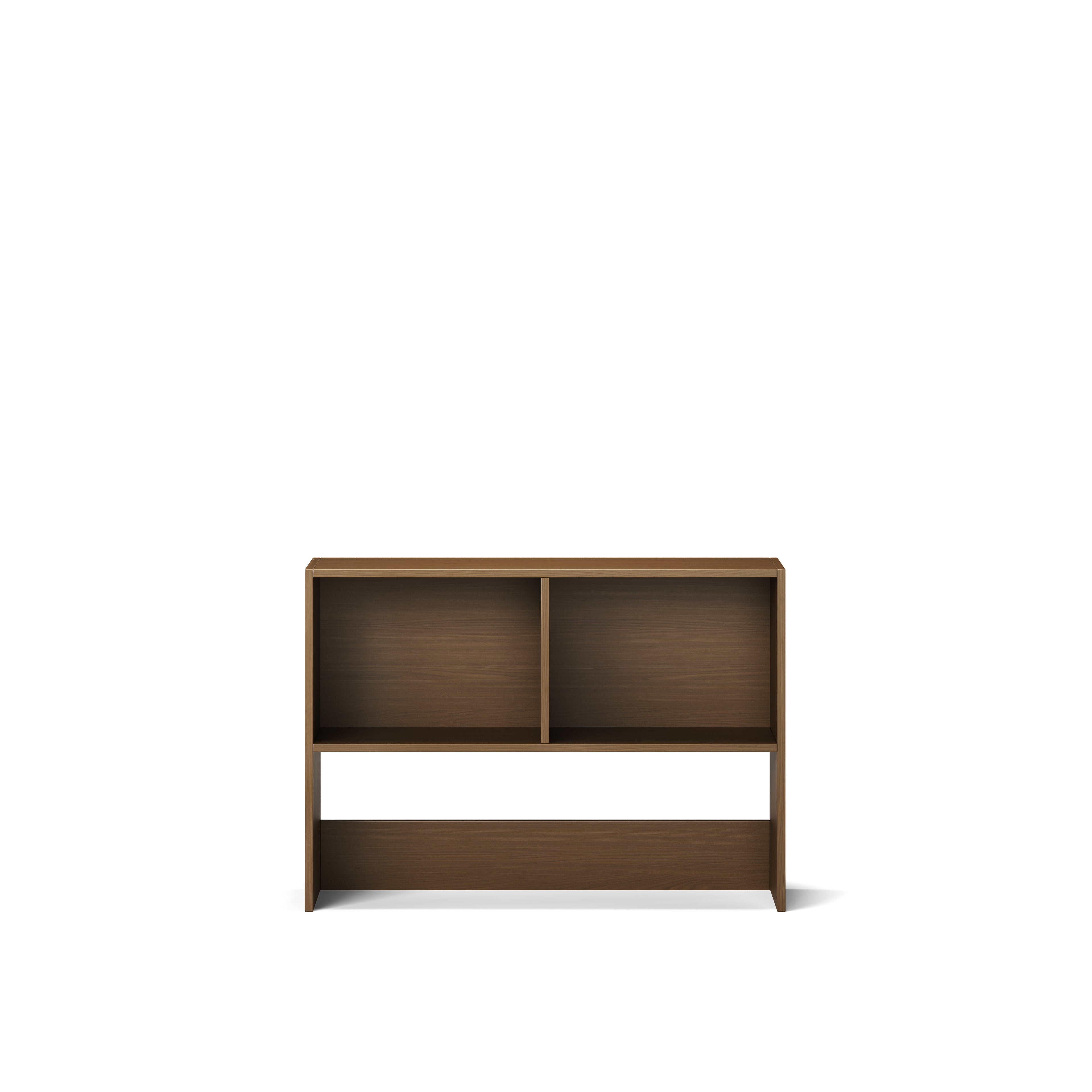 Small native elm bookcase with two upper shelves and an open lower compartment designed for bunk bed or loft bed use.