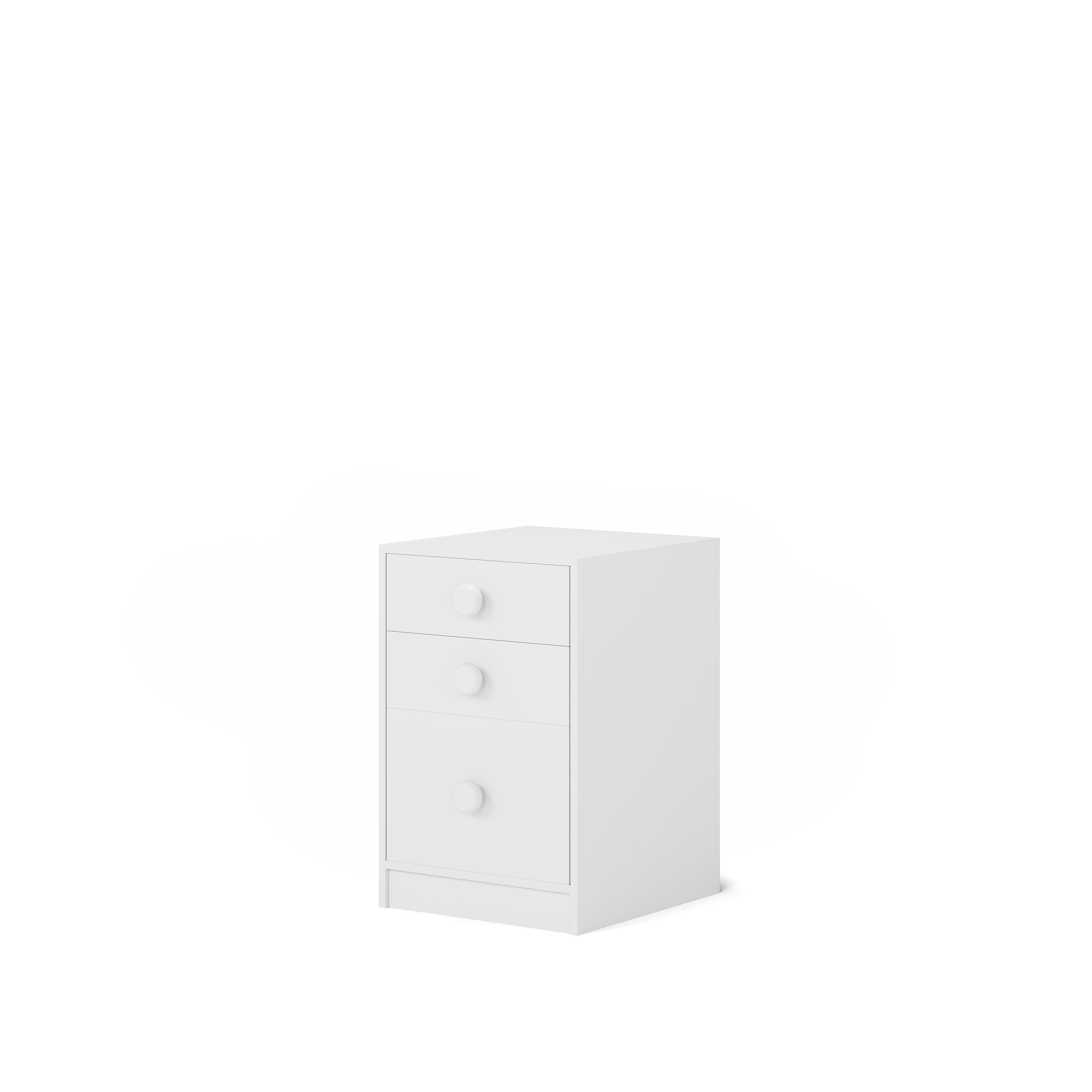 White small chest with three round knobs, designed for bunk bed or loft bed storage.