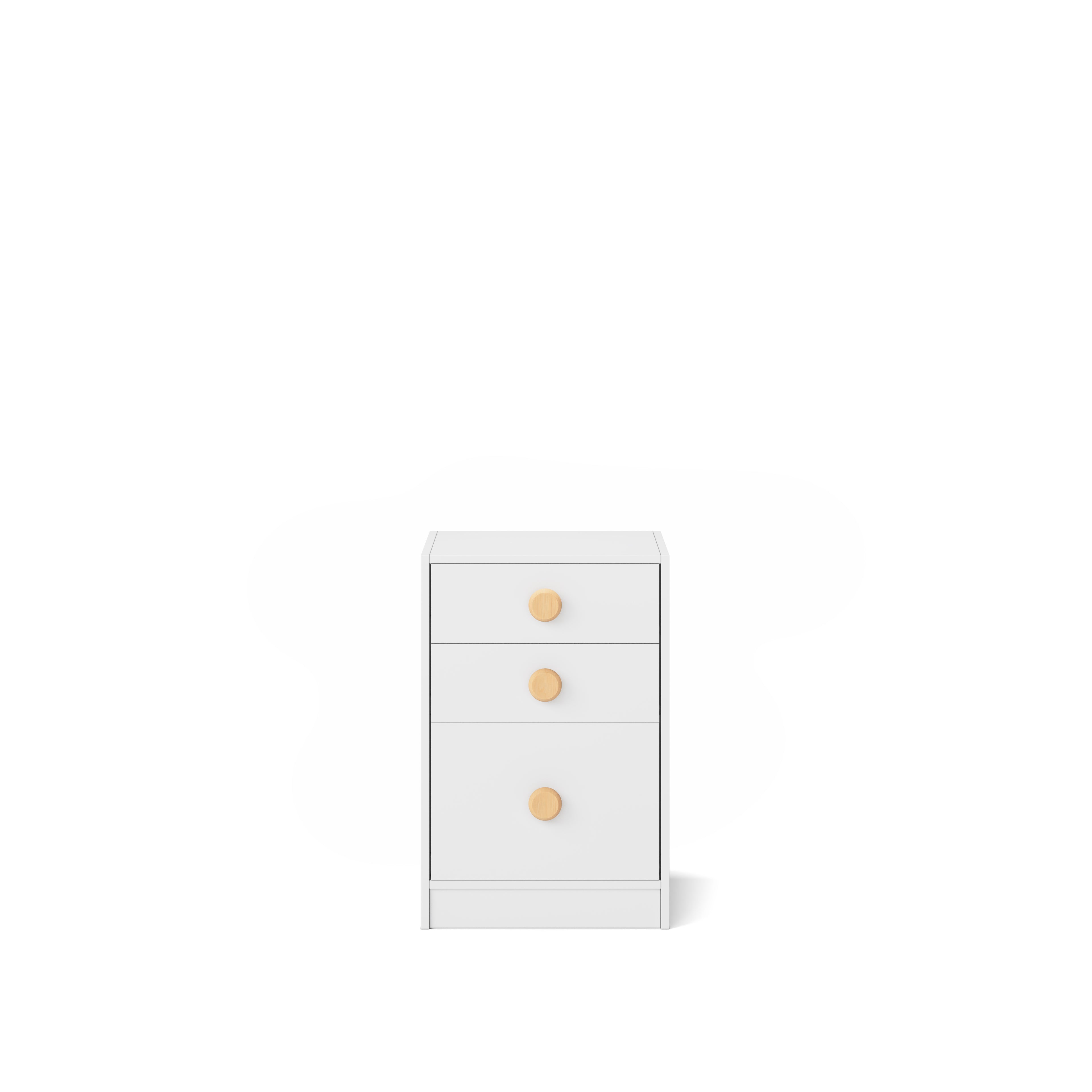 White small chest with three drawers and round wooden knobs, designed for bunk bed or loft bed use.
