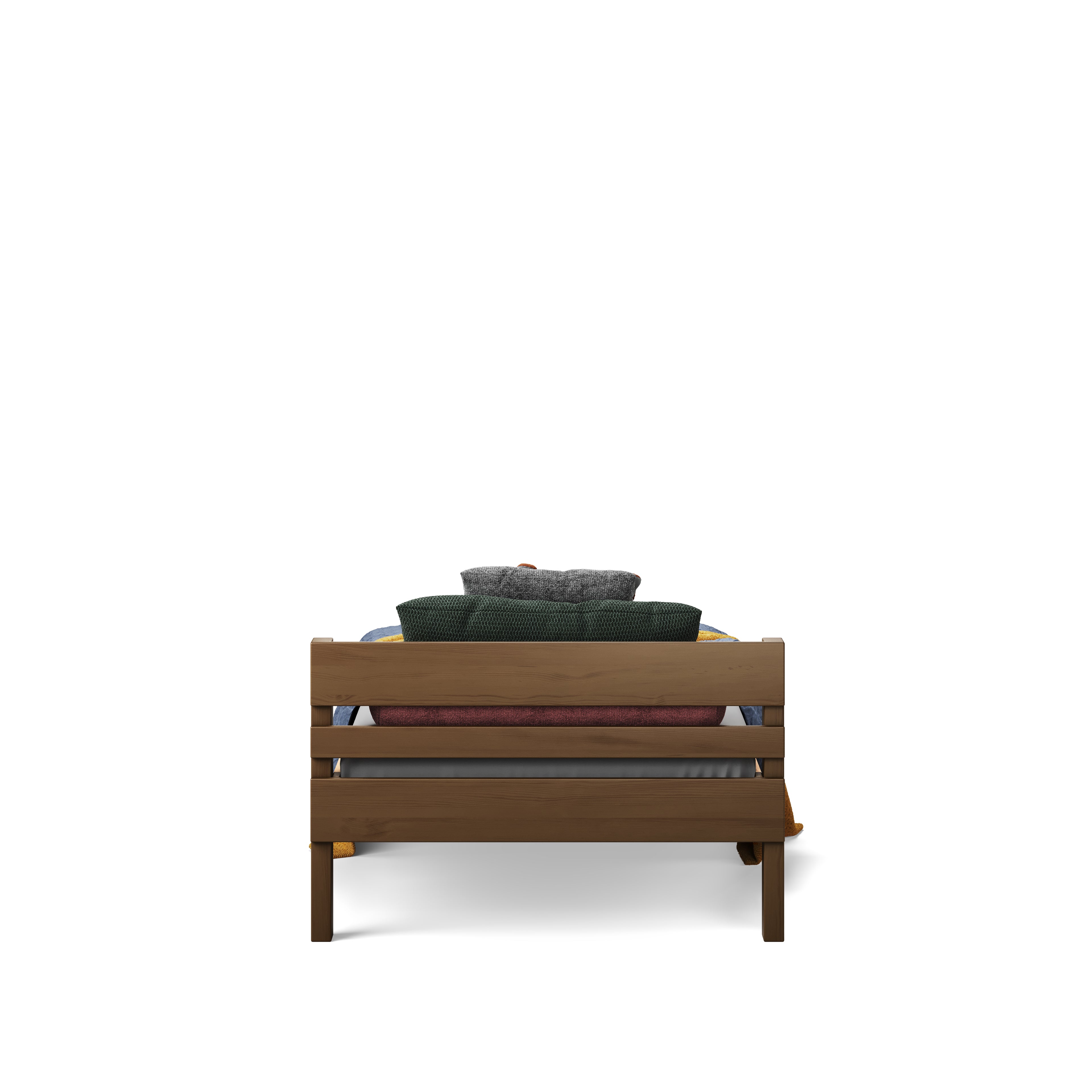 Native elm wood bed frame with horizontal slat headboard and dark bedding pillows.