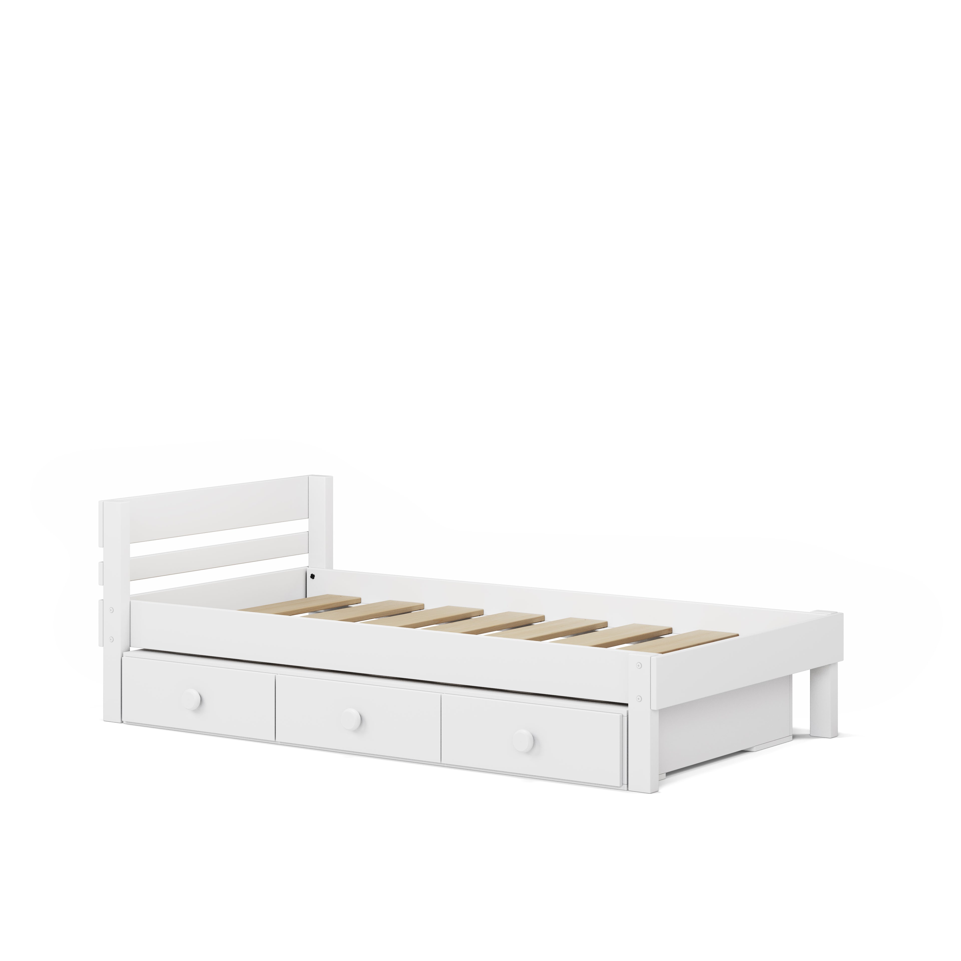 White single bed frame with slatted base and three under-bed drawers.
