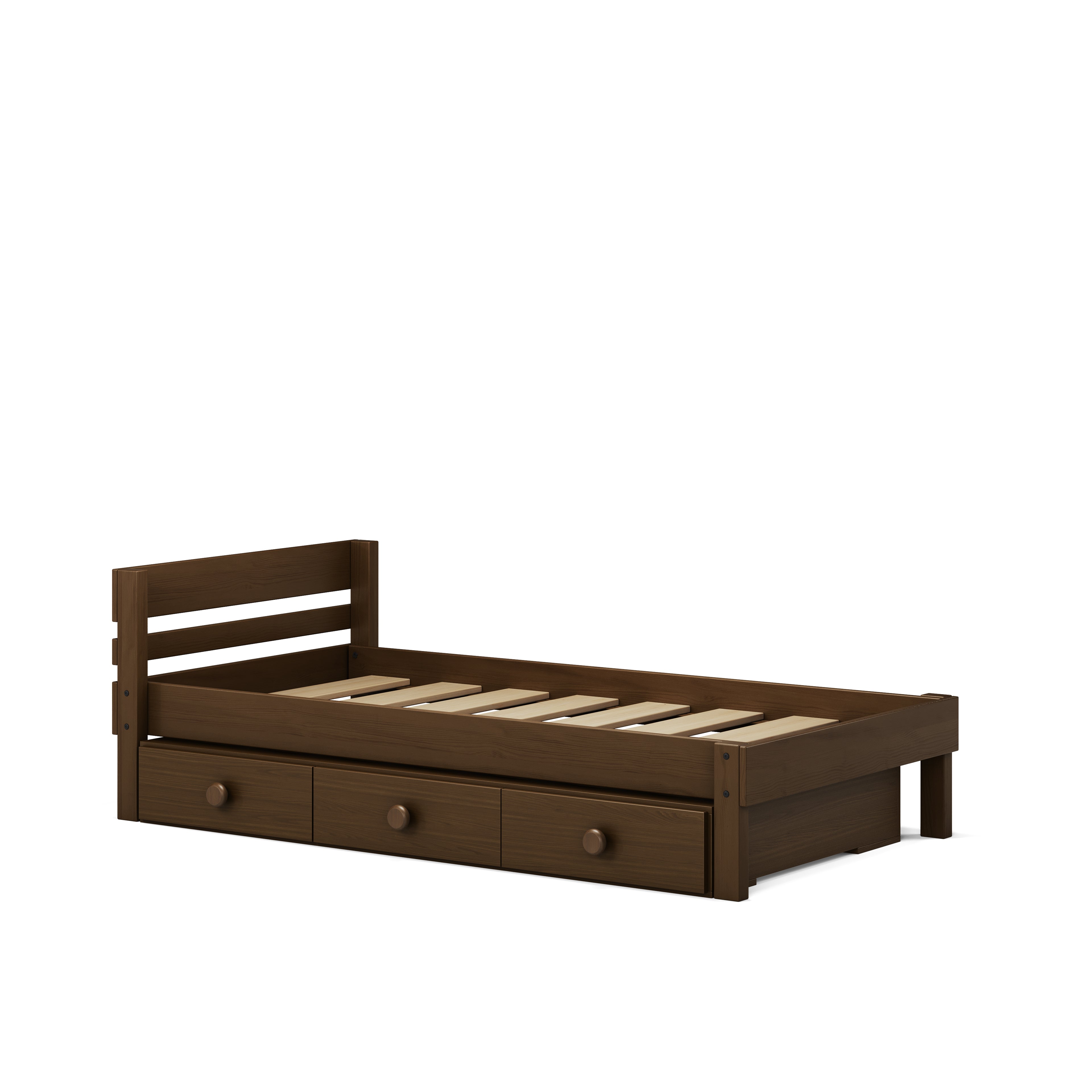 Wooden single bed in native elm with three under-bed drawers and slatted base.