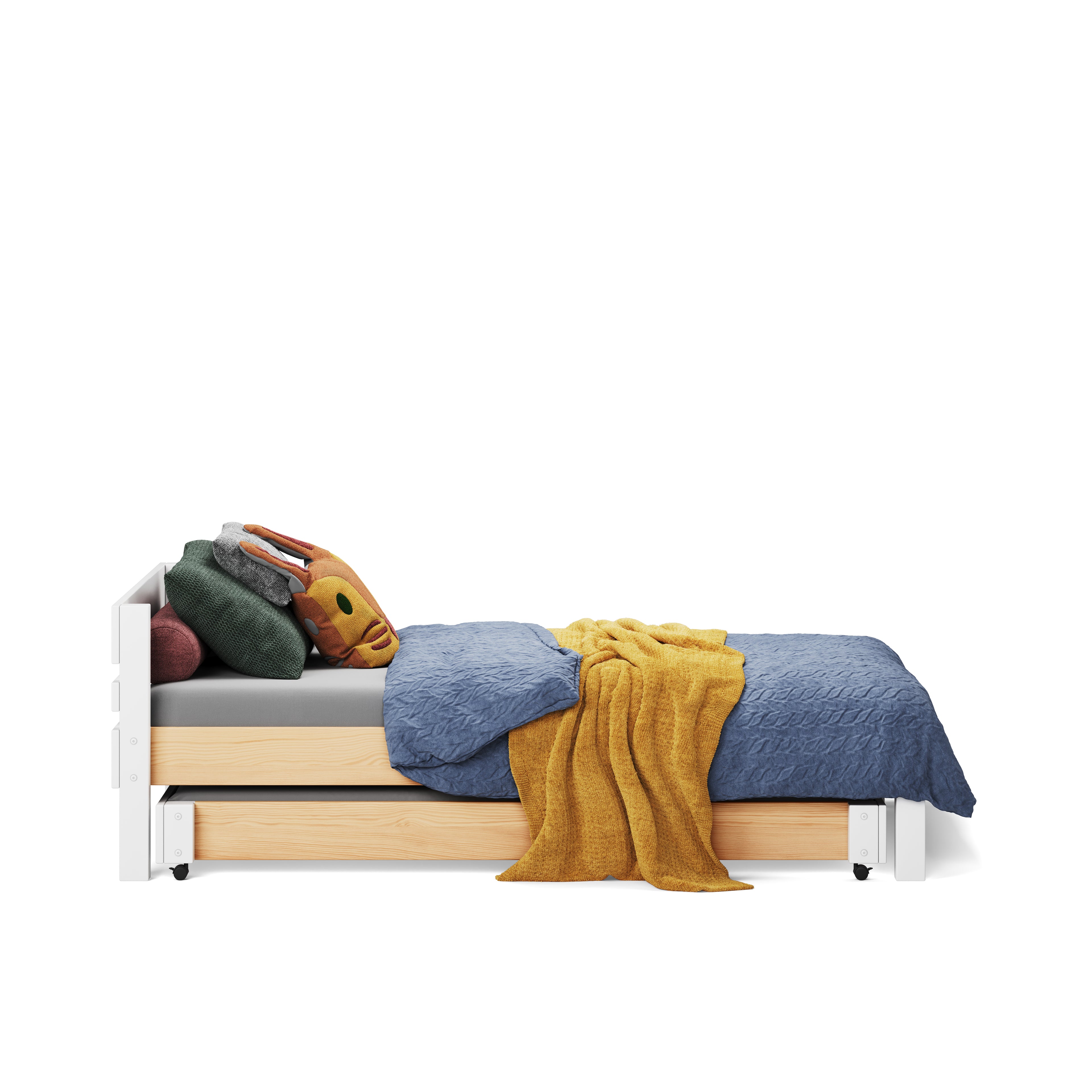 White single bed with wooden under-bed drawers, blue and mustard bedding, and multiple pillows.