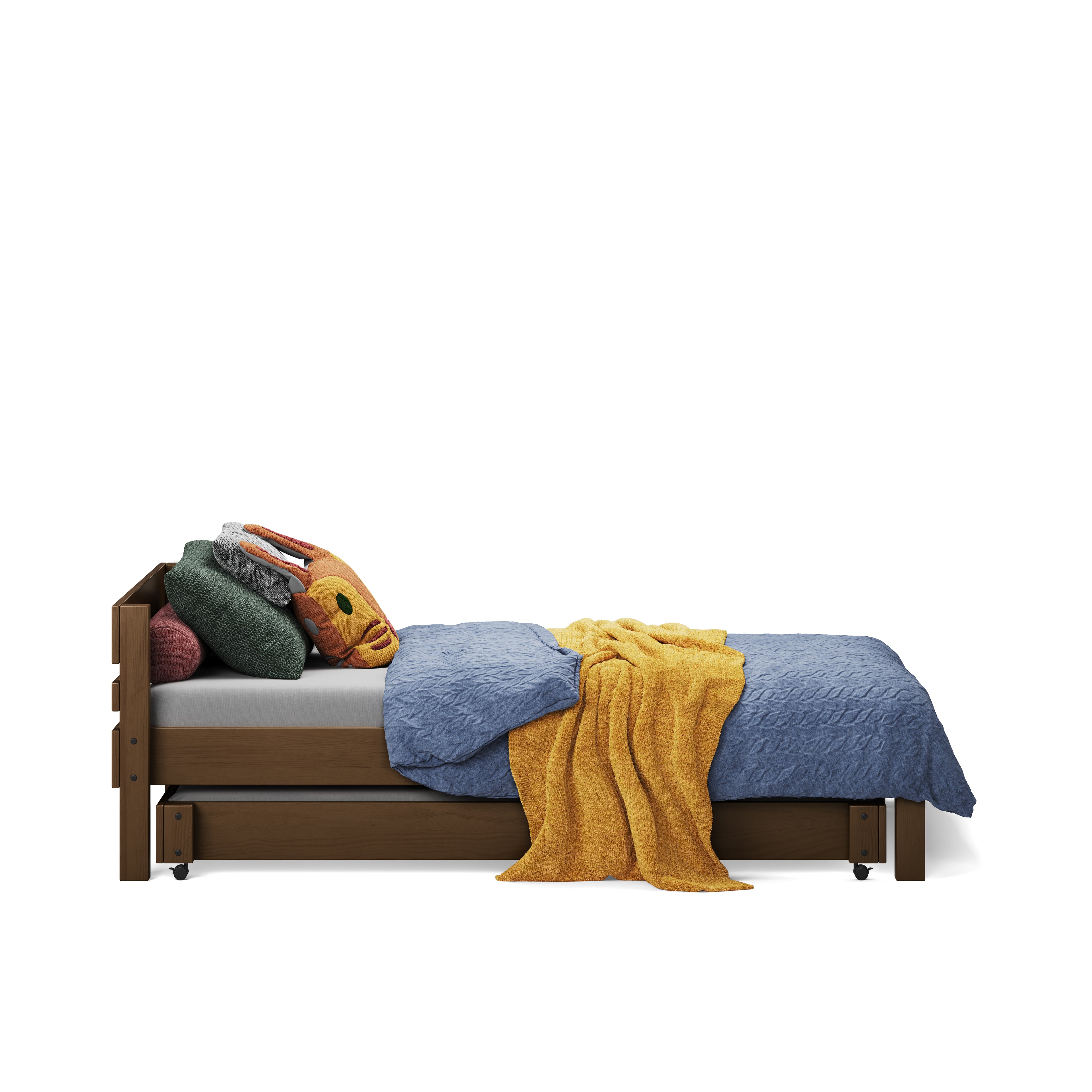 Native Elm single bed with blue bedding, yellow throw, and multiple cushions.