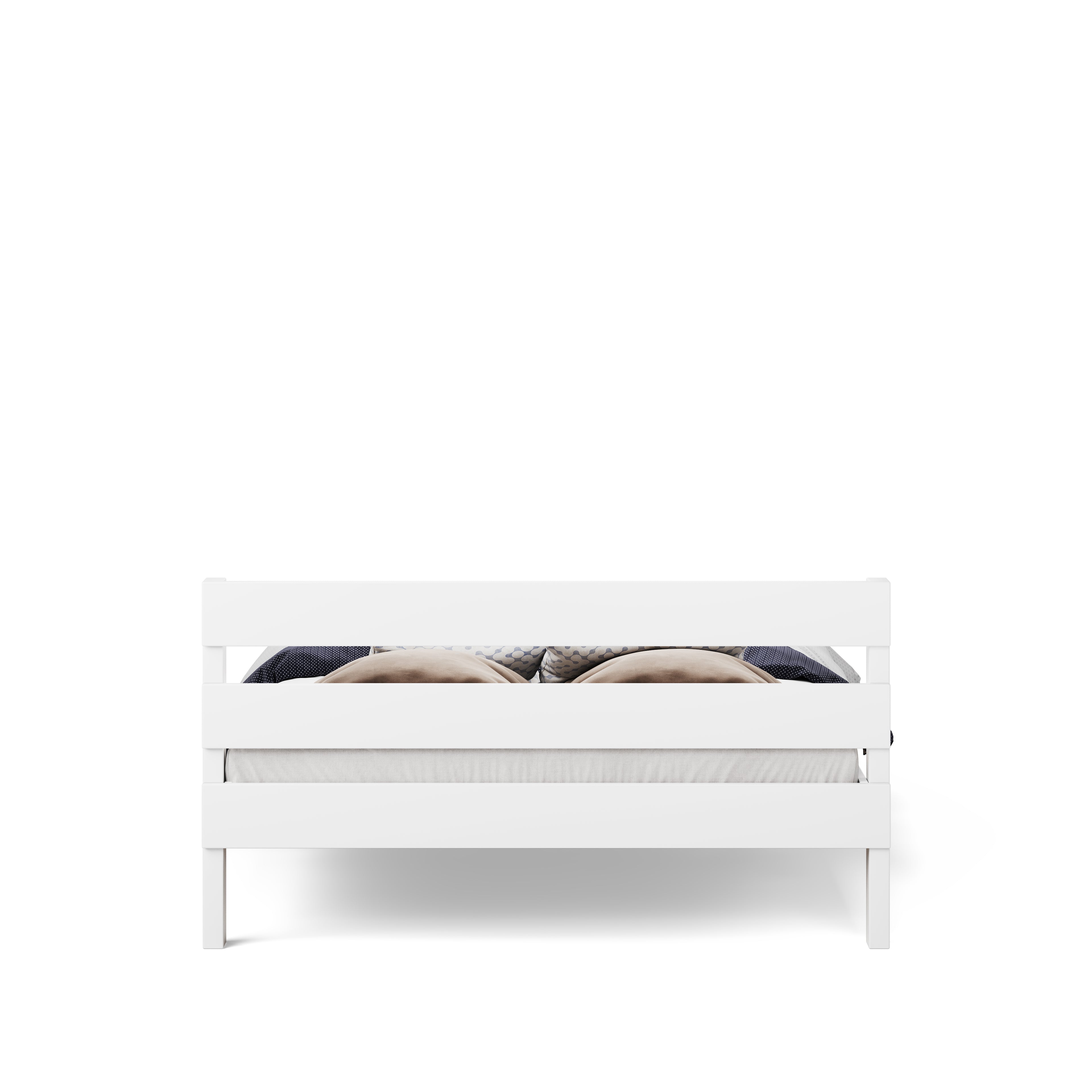 White wooden single bed with slatted headboard and footboard, minimalist design.