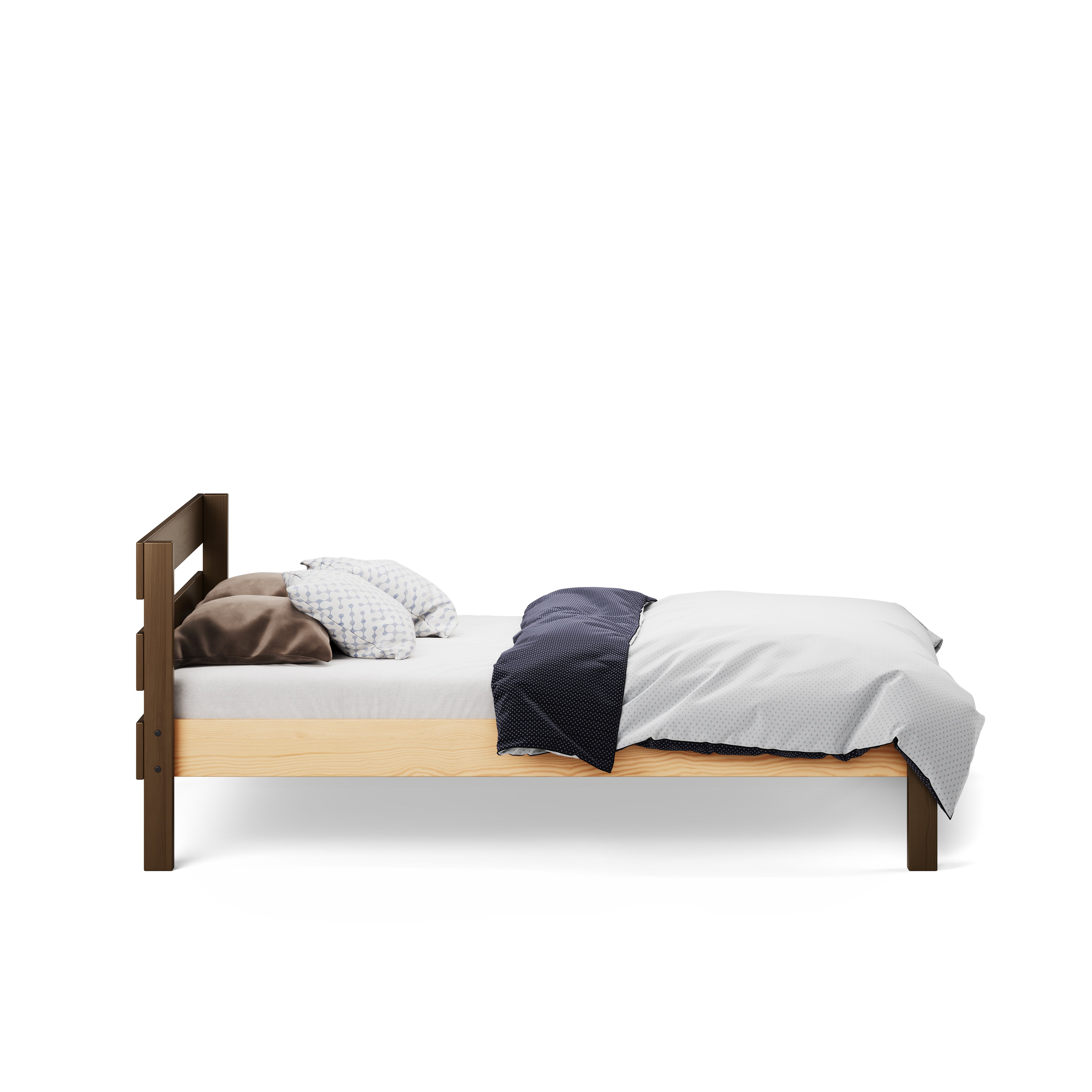 Native elm single bed with slatted headboard and neutral bedding.