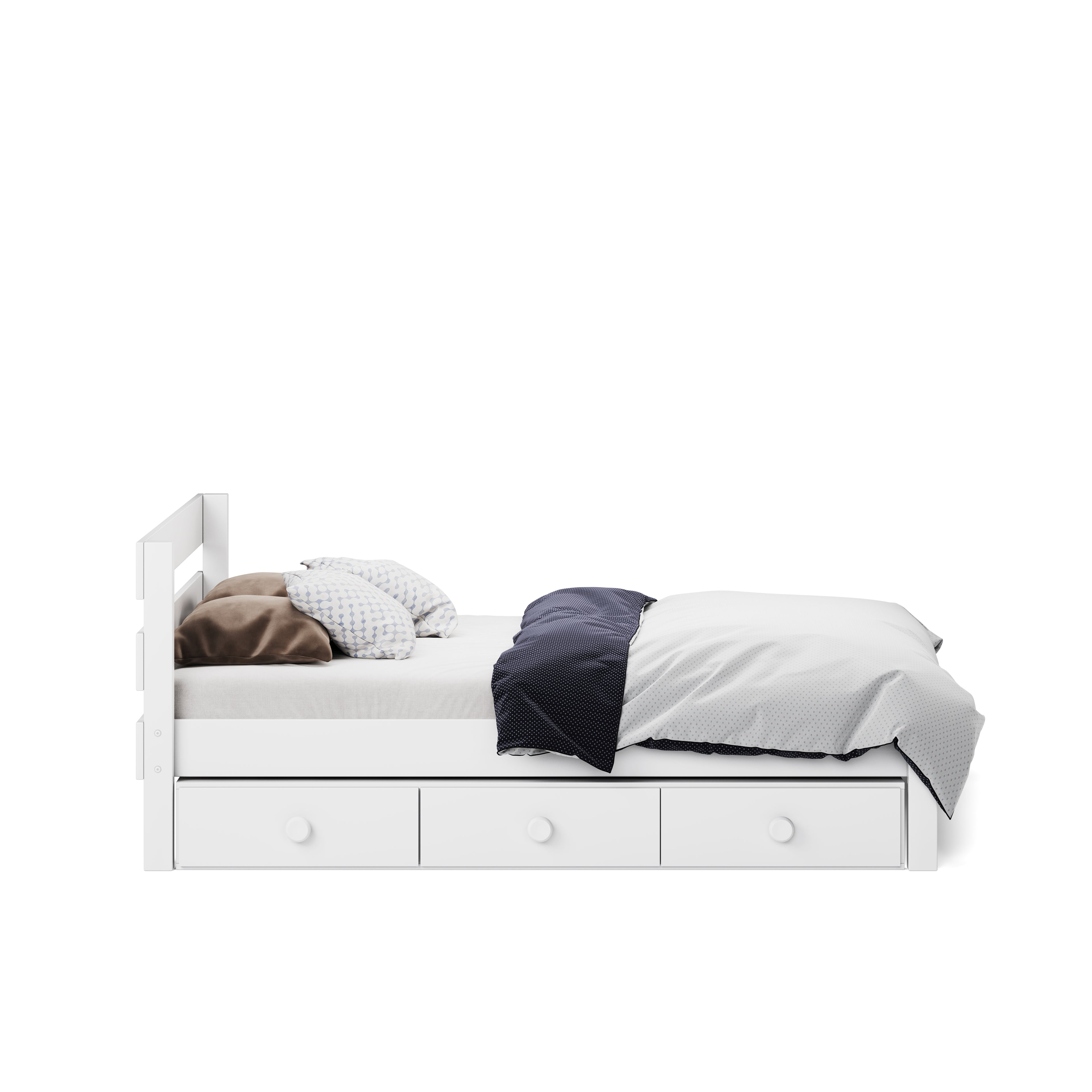 White single bed with three under-bed drawers and simple headboard design.