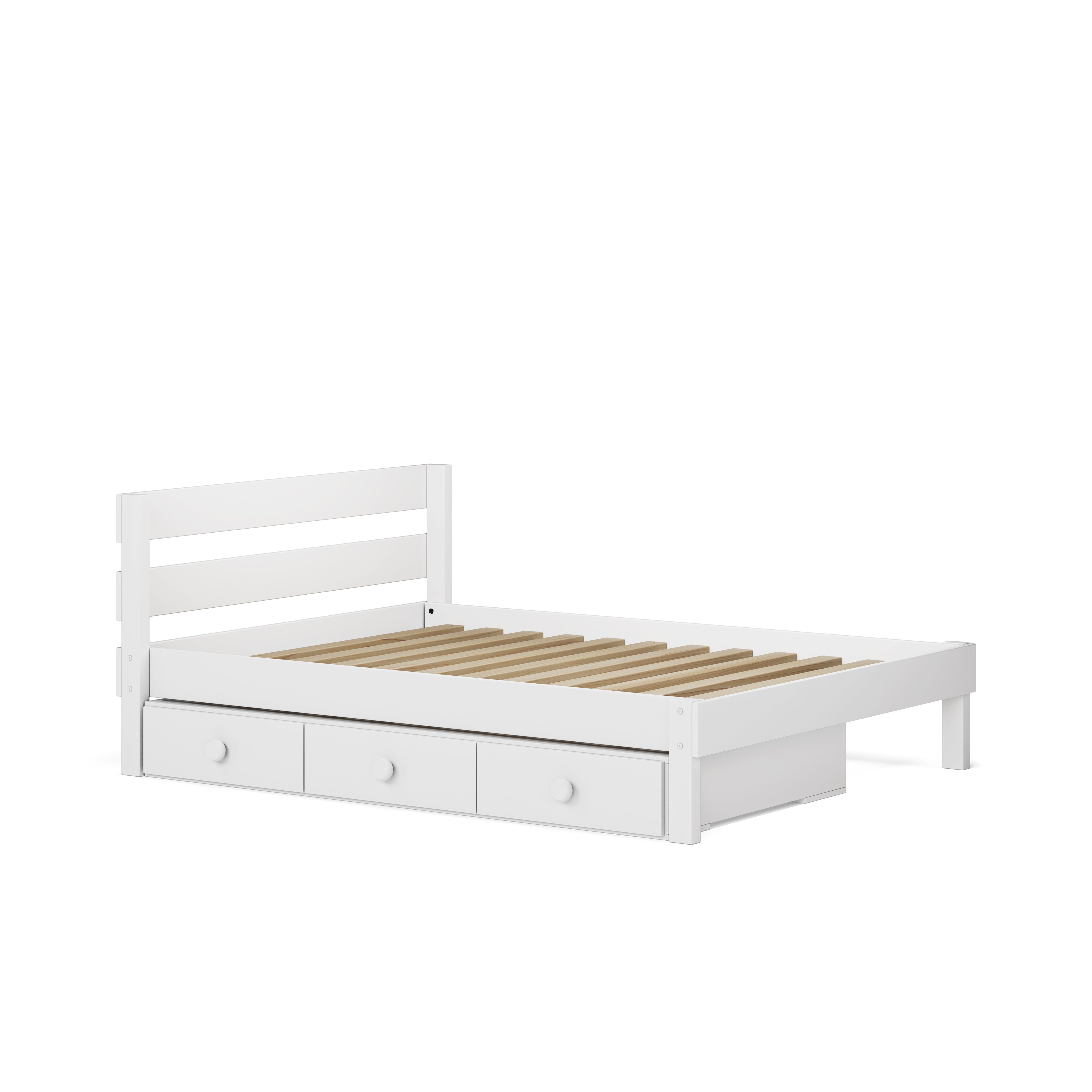 White single wooden bed with slatted base and three under-bed drawers.