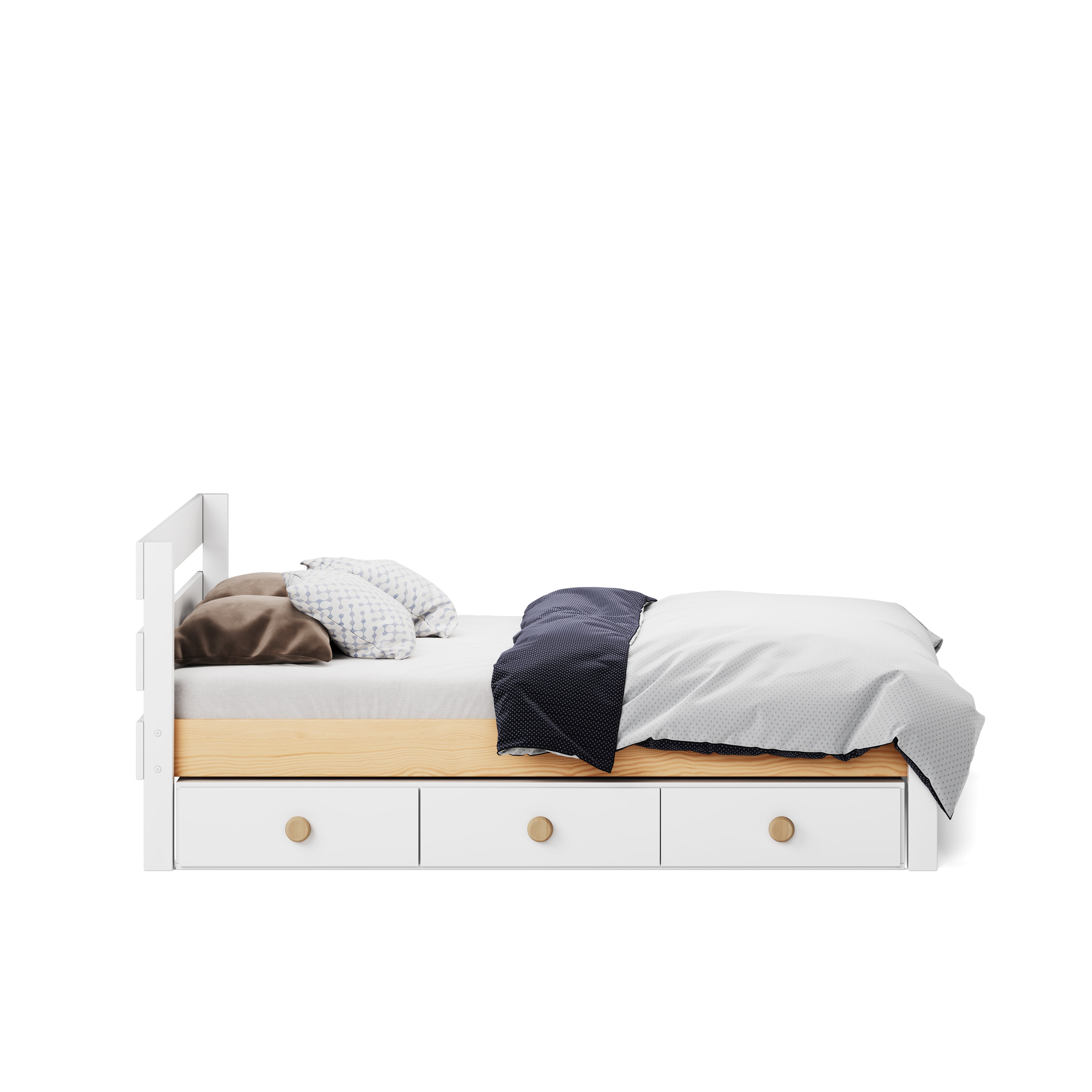 White single bed with built-in under-bed drawers and simple wooden handles.