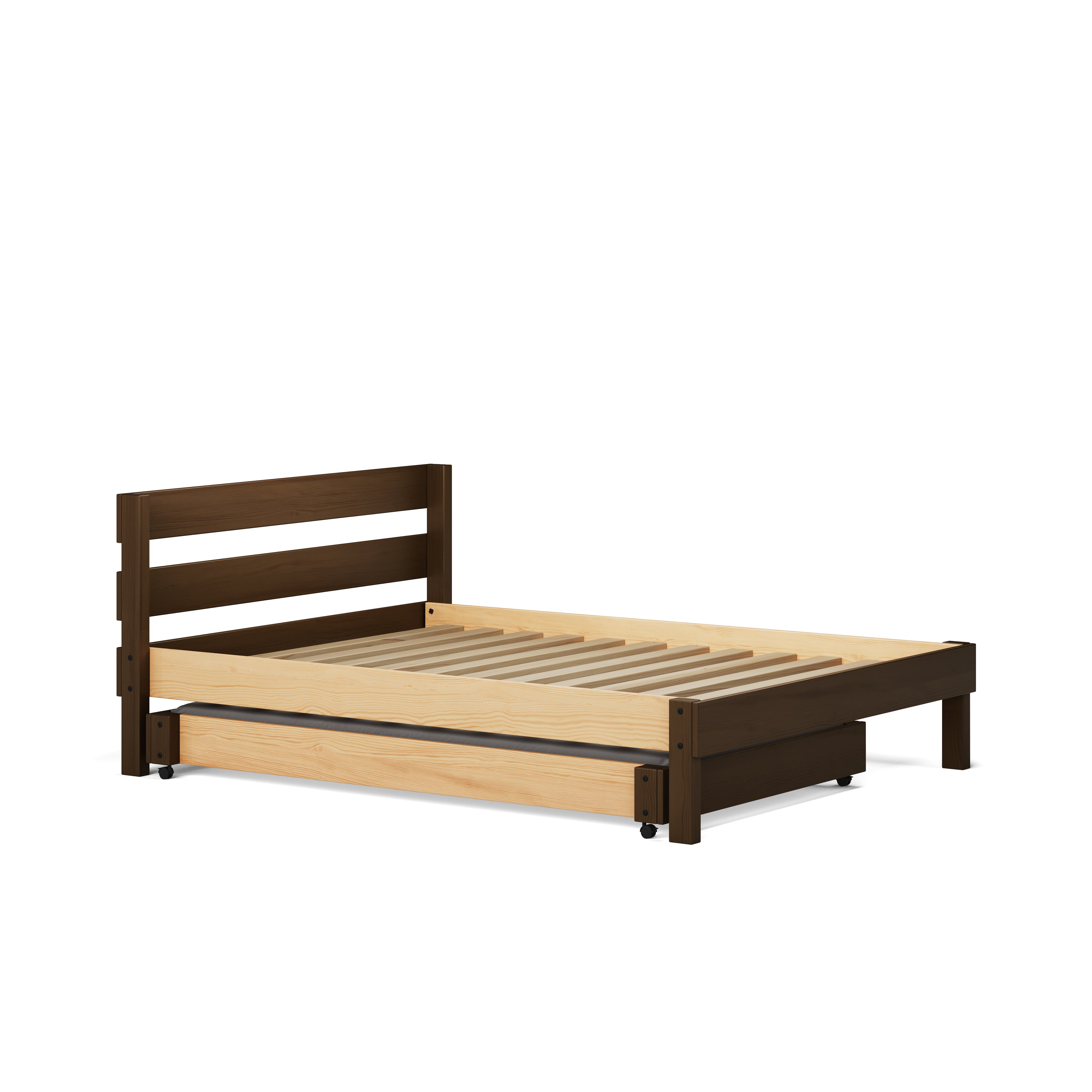 Dark wood slatted bed frame with headboard and pull-out trundle storage drawer.
