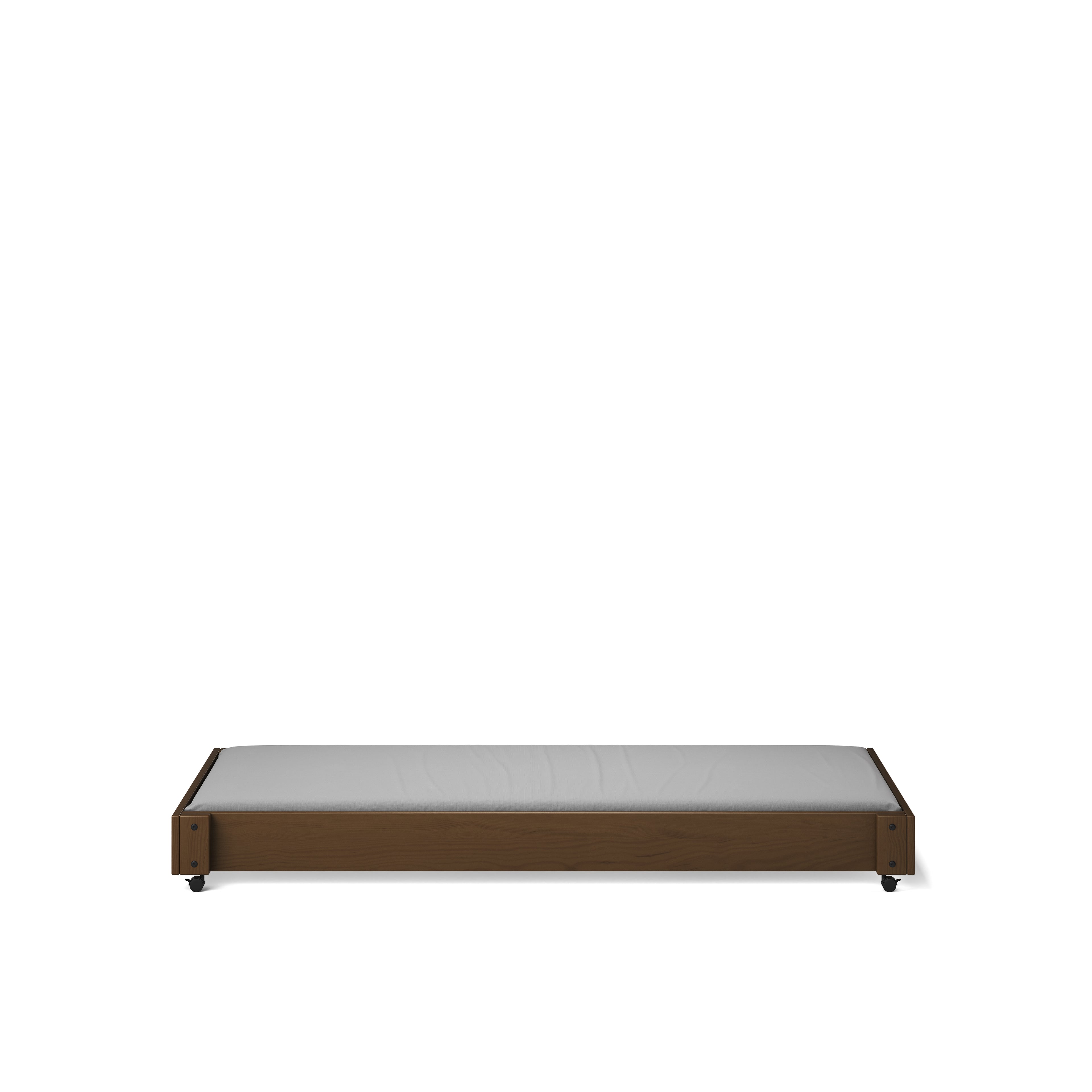 Low-profile bed frame in native elm wood with minimalist design and slim legs.