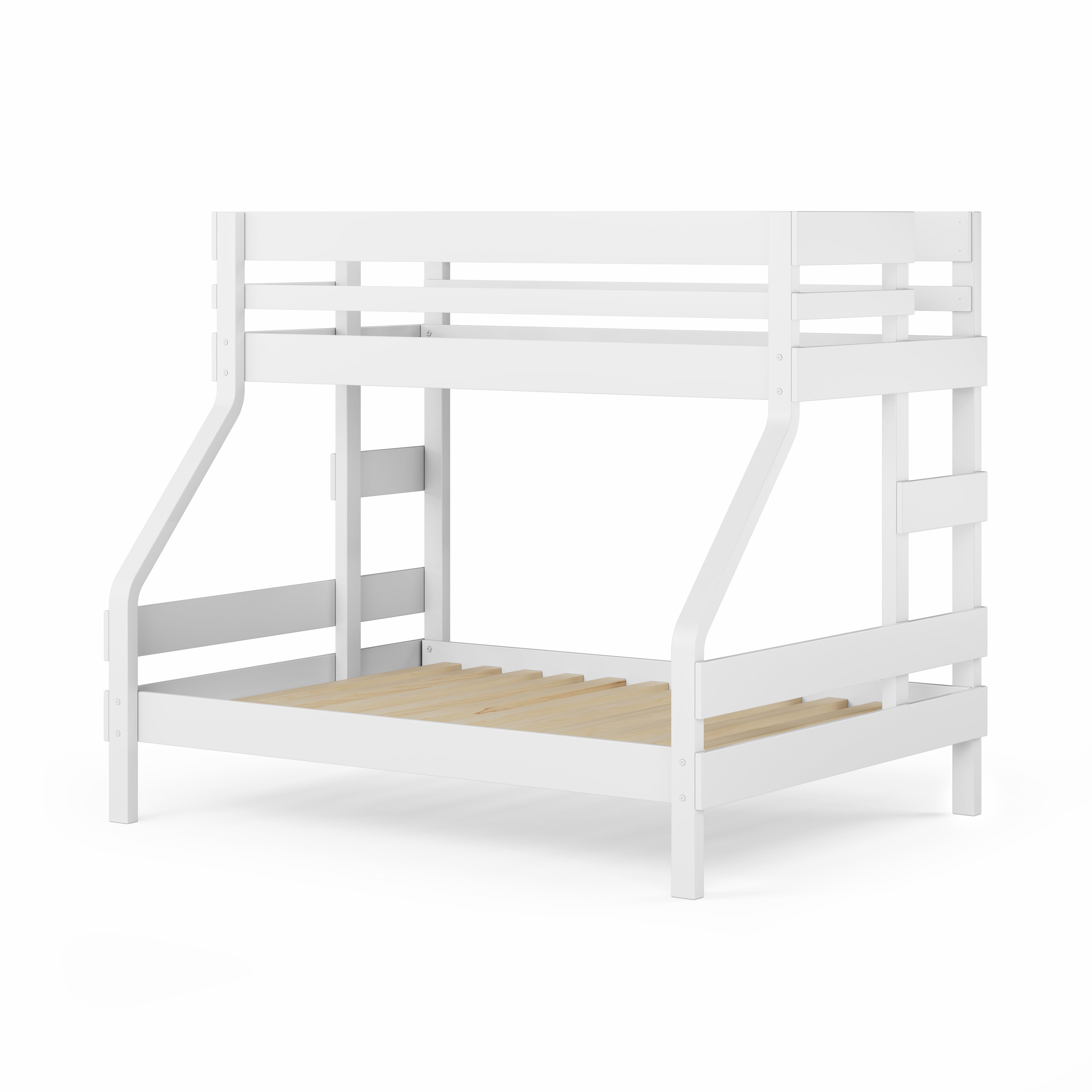 White wooden single over double bunk bed frame with safety rails and ladder.